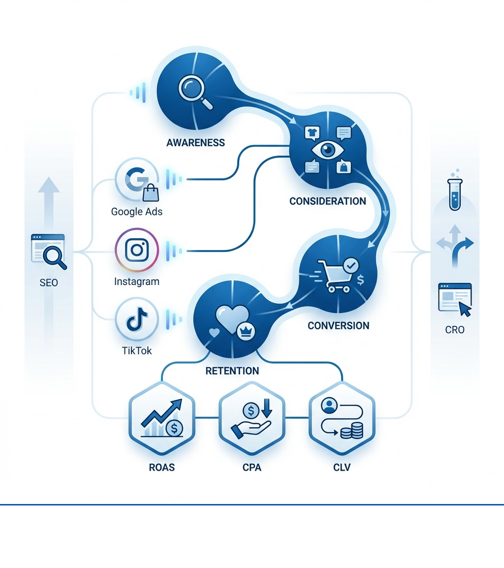 infographic showing the modern ecommerce advertising ecosystem including channels (Google Ads, Instagram, TikTok), funnel stages (awareness, consideration, conversion, retention), key metrics (ROAS, CPA, CLV), and integration points with SEO and CRO - ecommerce ads strategy infographic 
