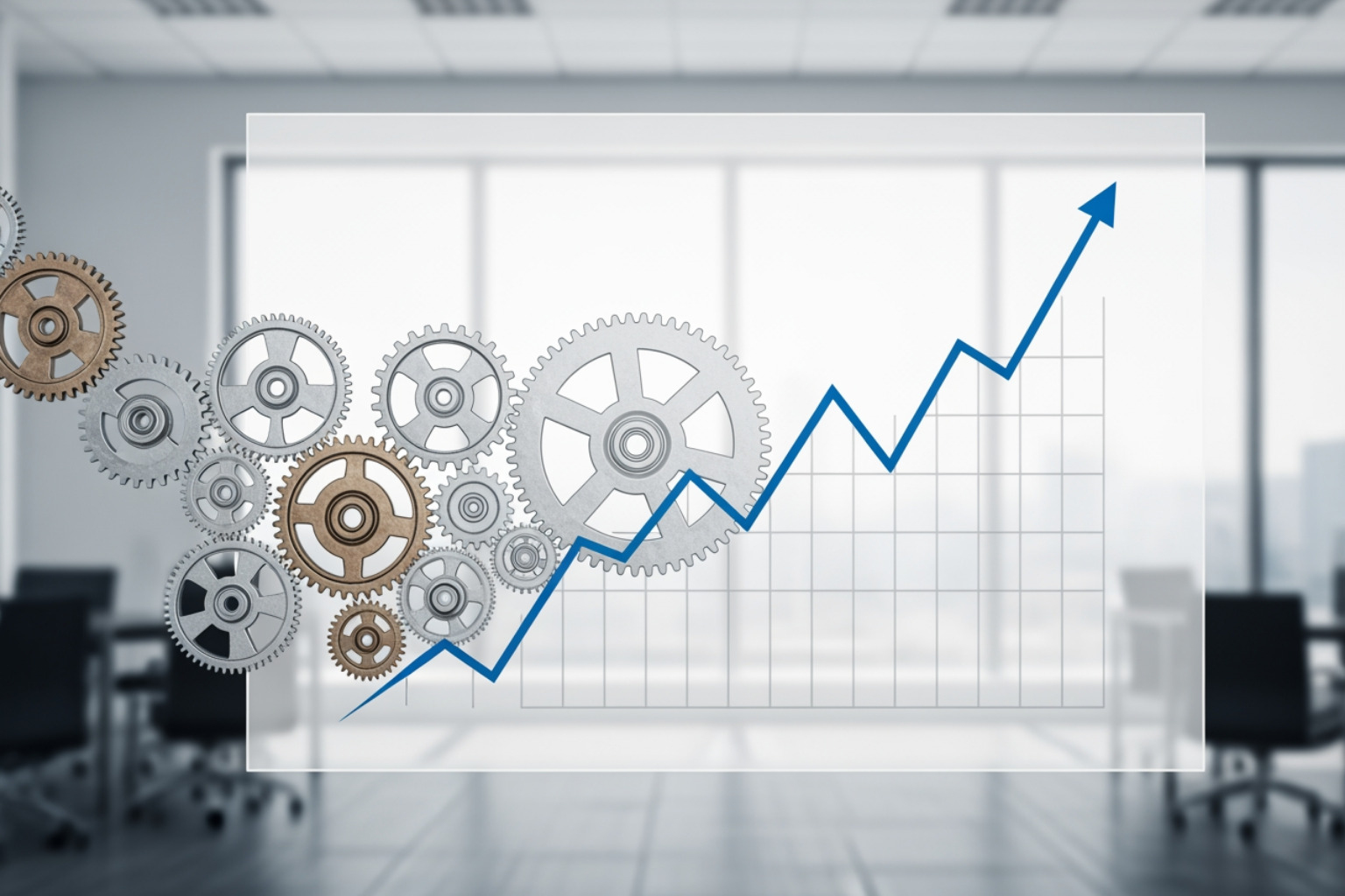 Growing business chart with gears labeled "Shopify" and "ERP" working together to show increased efficiency and growth - Shopify ERP Integration Growing business chart with gears labeled "Shopify" and "ERP" working together to show increased efficiency and growth - Shopify ERP Integration