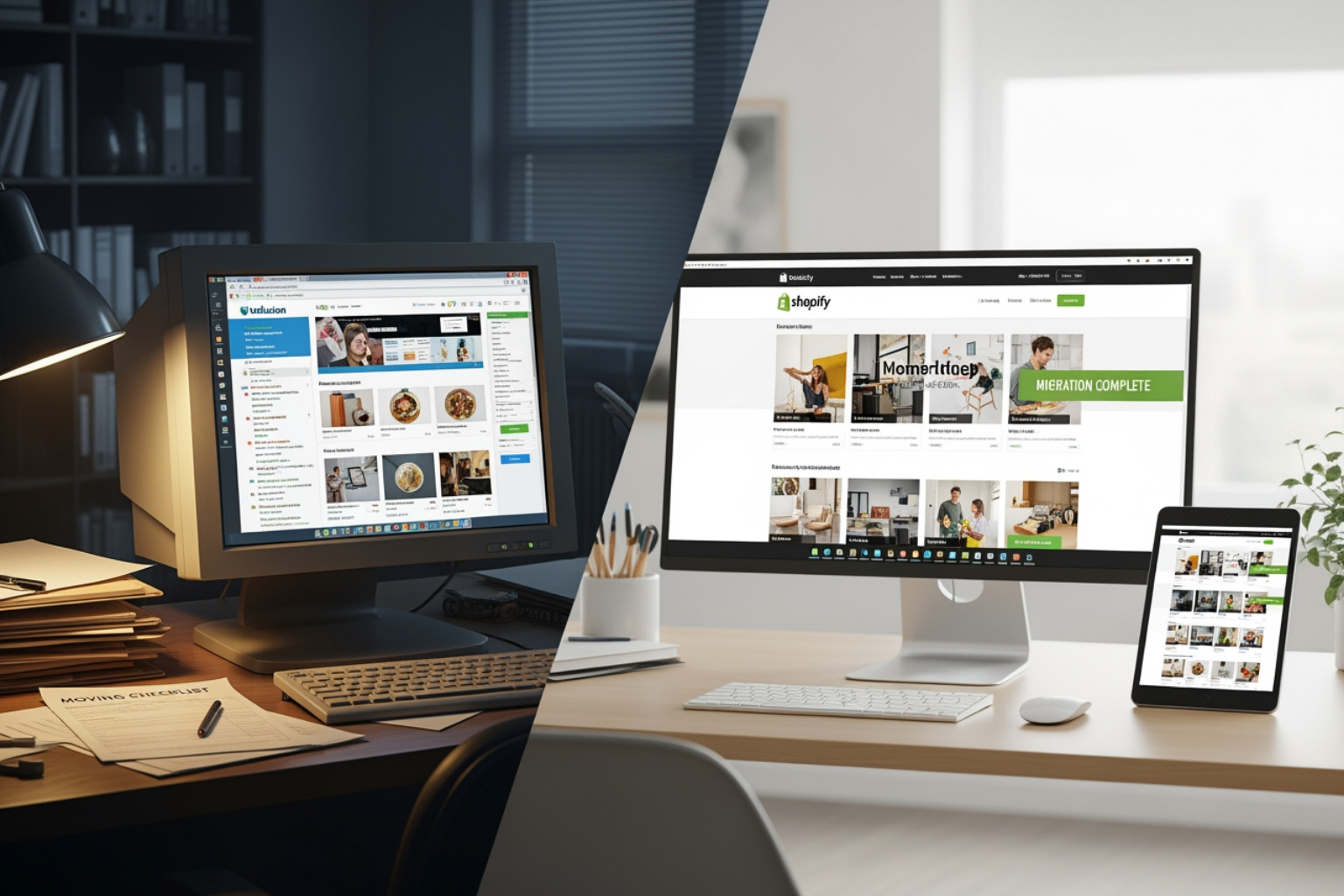 Data mapping diagram showing connections between Volusion data fields (Product Name, SKU, Price, Description, Image URL) and corresponding Shopify data fields (Title, SKU, Price, Body (HTML), Image Src) - Volusion to Shopify migration