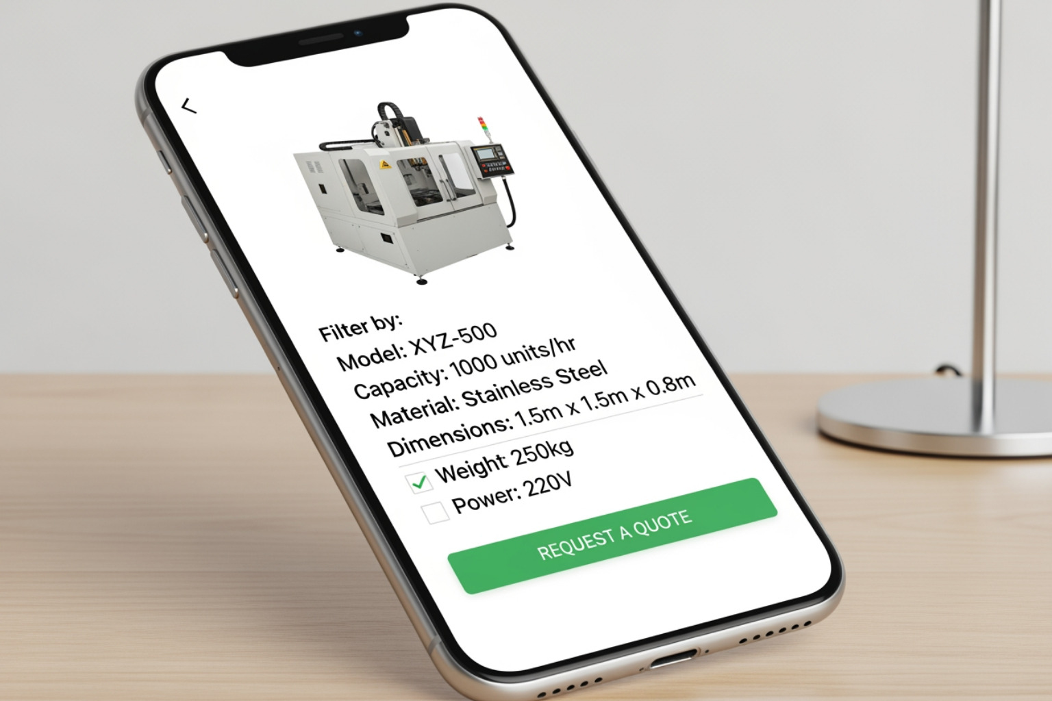 A mobile device displaying a clean B2B product page with detailed technical specifications, filtering options, and a clear call to action - B2B Ecommerce Web Development