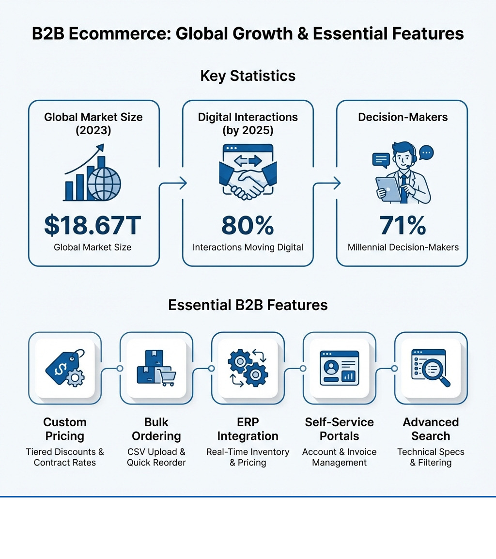 Infographic showing key B2B ecommerce statistics: $18.67T global market size, 80% of interactions moving digital by 2025, 71% millennial decision-makers, and essential features including custom pricing, bulk ordering, ERP integration, self-service portals, and advanced search - B2B Ecommerce Web Development infographic 