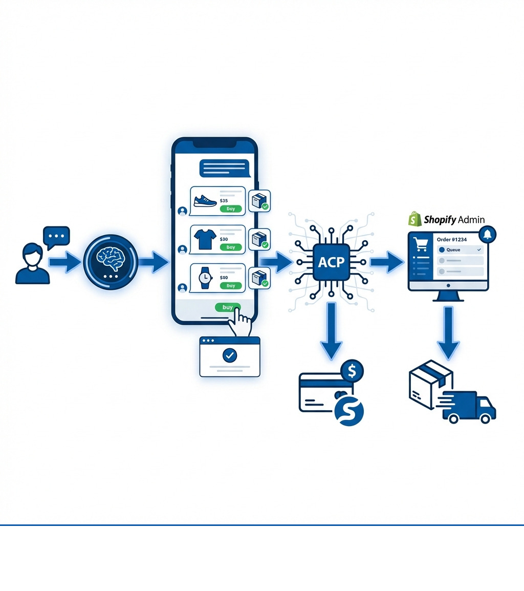 Infographic showing the ChatGPT for Shopify integration flow: A user asks ChatGPT for a product recommendation, ChatGPT displays relevant products with real-time pricing and inventory from Shopify, the user clicks Buy and confirms details in chat, ChatGPT sends order details via the Agentic Commerce Protocol to the merchant, payment processes through Stripe, and the order appears in the merchant's Shopify Admin for fulfillment - chatgpt for shopify infographic 