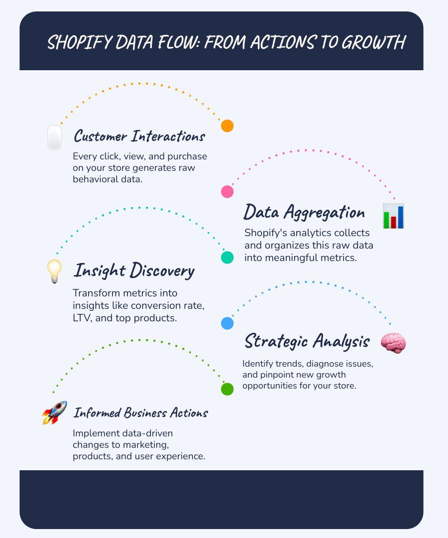 Infographic showing the data flow from customer actions like browsing and purchasing through Shopify's analytics systems to business insights including conversion rate, LTV, and finally to business actions such as marketing adjustments and product changes - Shopify Data & Analytics infographic infographic-line-5-steps-blues-accent_colors Infographic showing the data flow from customer actions like browsing and purchasing through Shopify's analytics systems to business insights including conversion rate, LTV, and finally to business actions such as marketing adjustments and product changes - Shopify Data & Analytics infographic infographic-line-5-steps-blues-accent_colors