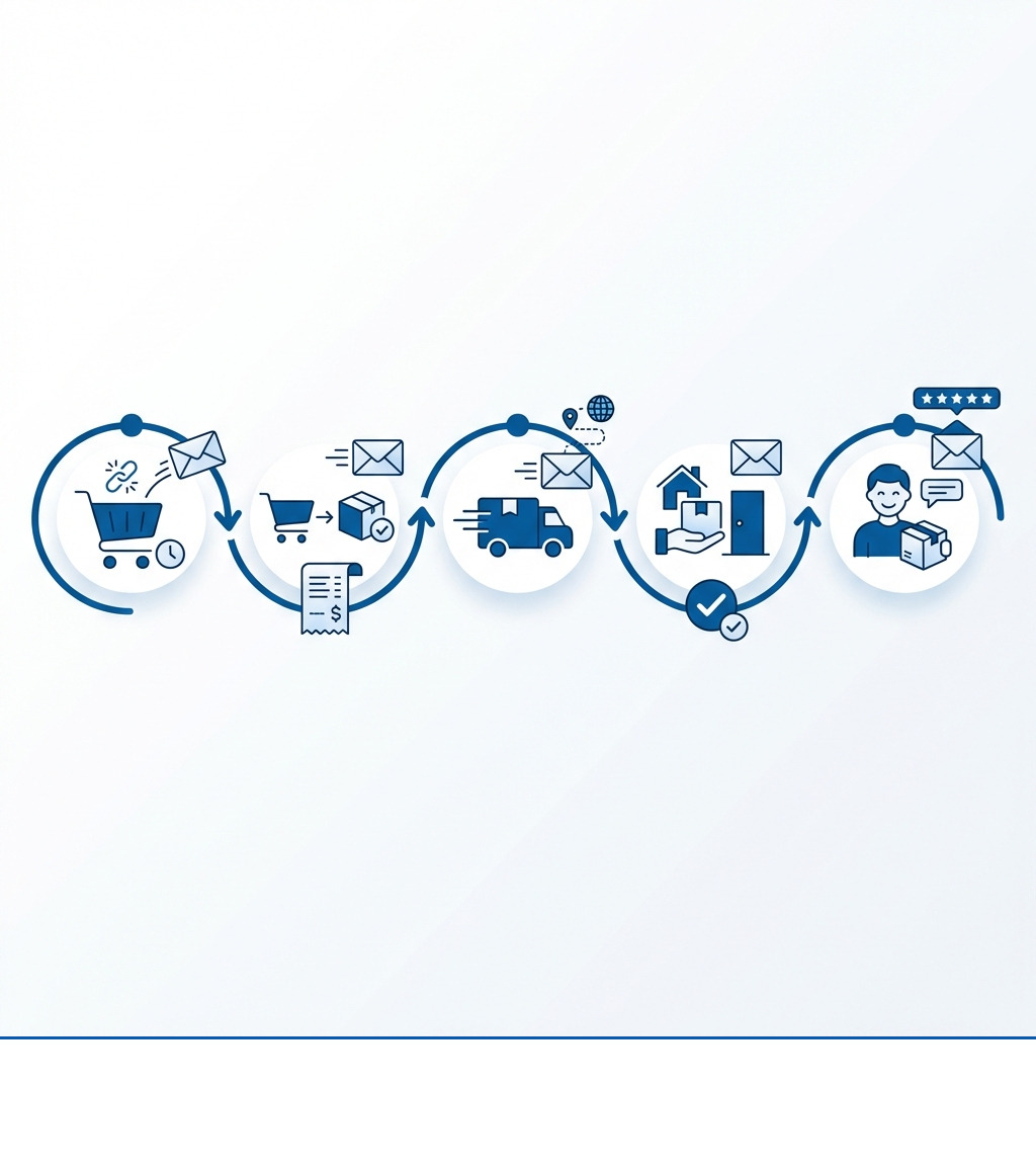 Infographic showing the customer journey touchpoints for transactional emails: cart abandonment reminder, order confirmation, shipping notification, delivery confirmation, and review request - shopify transactional emails infographic 