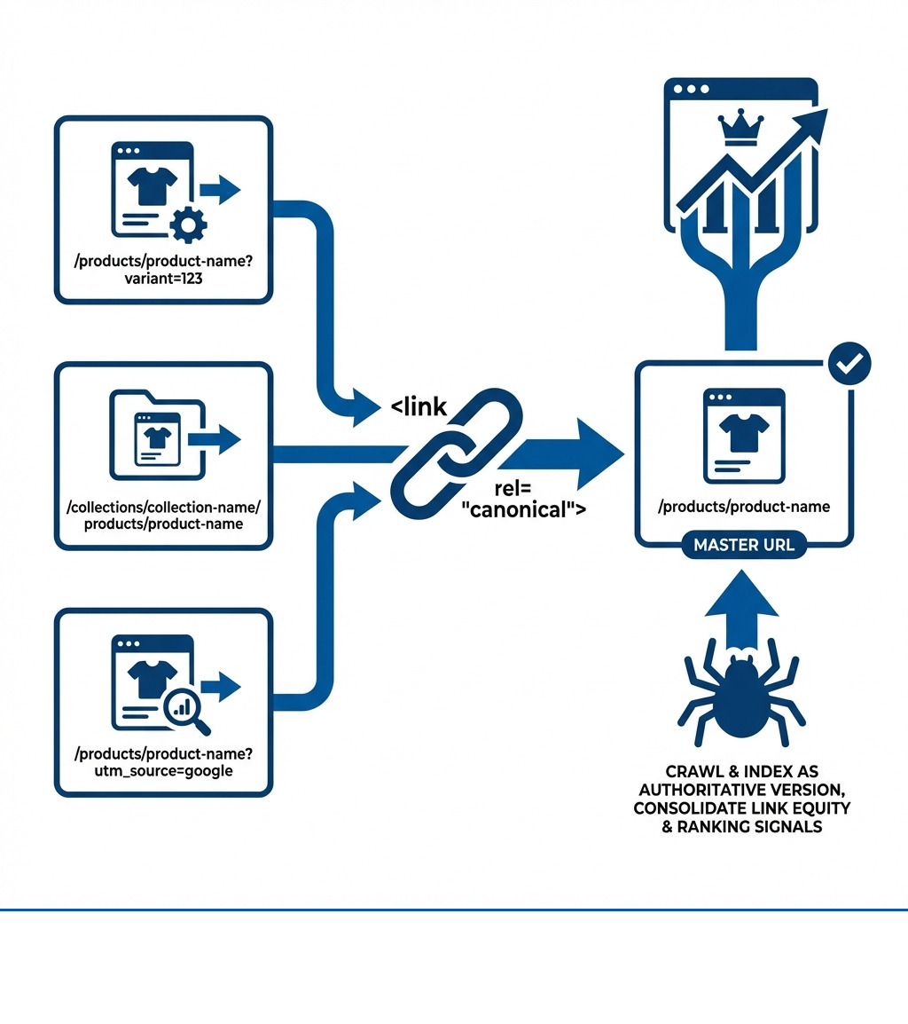 Infographic showing how canonical tags work: Multiple URL variations (product with variant parameter, product in collection URL, product with tracking parameters) all point via canonical tags to one master URL (/products/product-name), which search engines then crawl and index as the authoritative version, combining all link equity and ranking signals to that single URL - shopify canonical infographic Infographic showing how canonical tags work: Multiple URL variations (product with variant parameter, product in collection URL, product with tracking parameters) all point via canonical tags to one master URL (/products/product-name), which search engines then crawl and index as the authoritative version, combining all link equity and ranking signals to that single URL - shopify canonical infographic