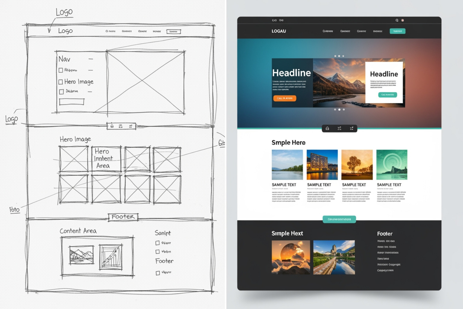 Wireframe sketch next to a polished website design - basic ecommerce website price