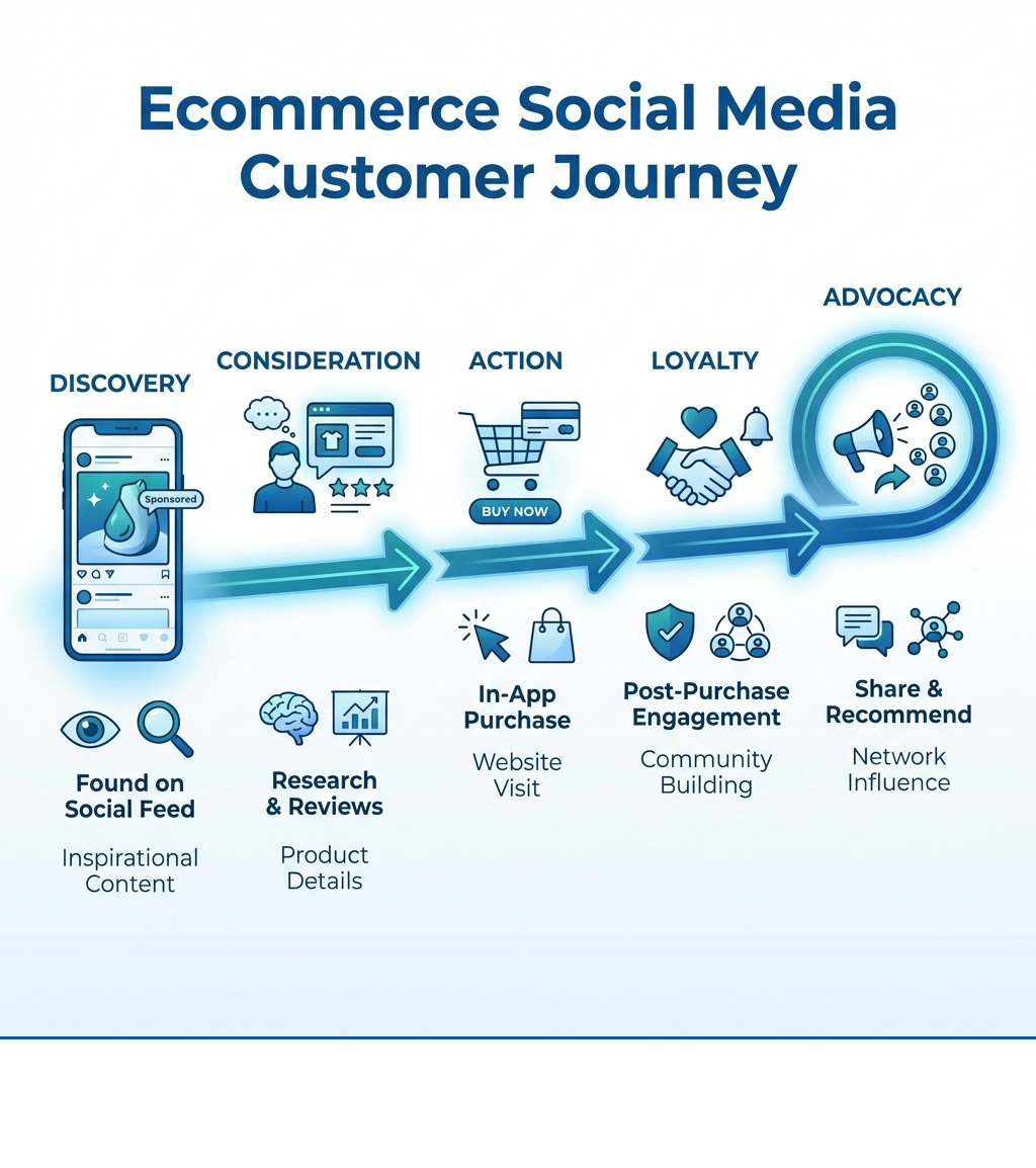 infographic showing the complete customer journey for social media marketing for ecommerce: starting with discovery on social feed, moving through consideration phase with product research and reviews, proceeding to action with in-app purchase or website visit, then to loyalty through post-purchase engagement and community building, and finally to advocacy where customers share and recommend products to their networks - social media marketing for ecommerce infographic 