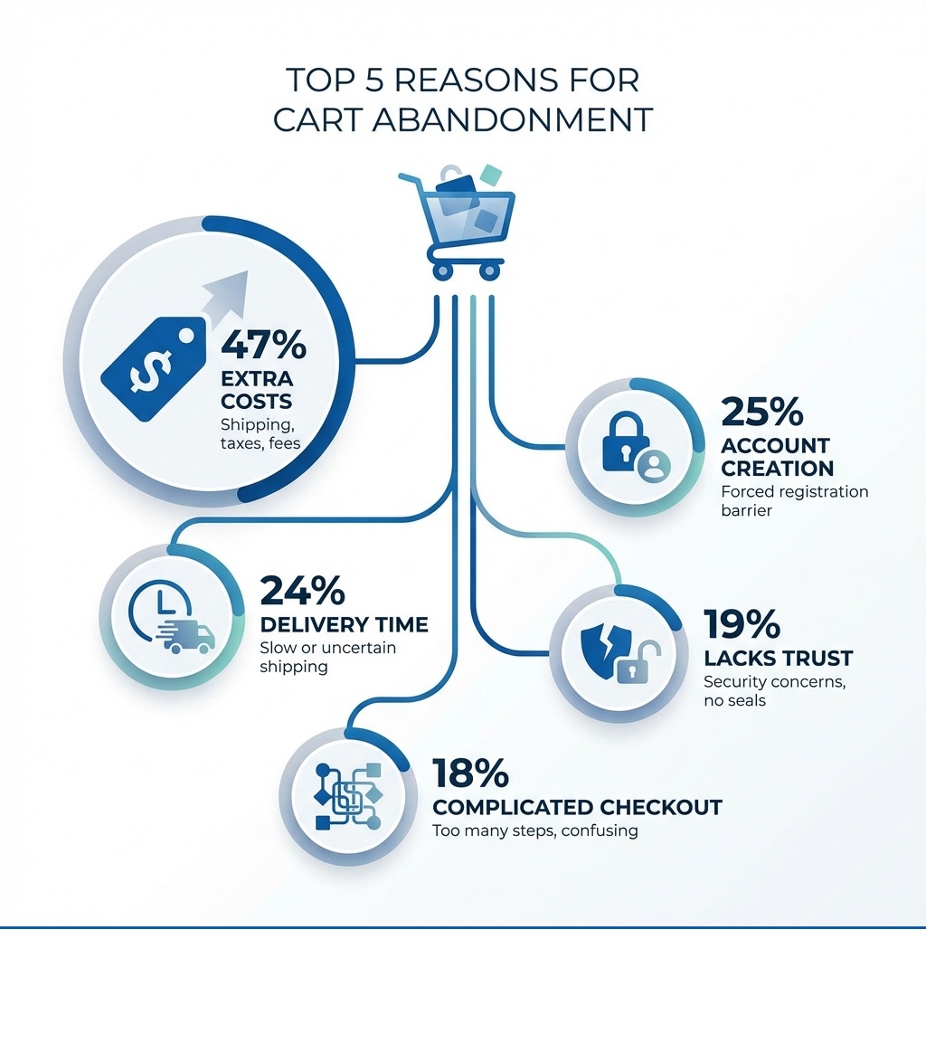 Infographic showing the top 5 reasons for cart abandonment: 47% Extra costs too high (shipping, taxes, fees), 25% Account creation required, 24% Delivery time too slow, 18% Checkout process too complicated, 19% Website lacks trust or security - abandoned cart shopify infographic 