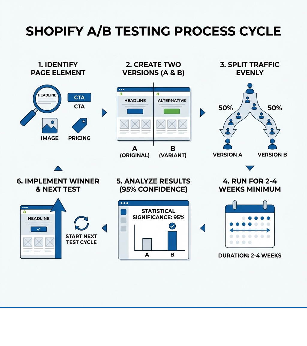 Infographic showing the A/B testing process for Shopify stores: 1) Identify a page element to test (headline, CTA, image, pricing), 2) Create two versions (A and B), 3) Split traffic evenly between versions, 4) Run for 2-4 weeks minimum, 5) Analyze results for statistical significance at 95% confidence, 6) Implement the winner and start the next test - a b testing shopify infographic Infographic showing the A/B testing process for Shopify stores: 1) Identify a page element to test (headline, CTA, image, pricing), 2) Create two versions (A and B), 3) Split traffic evenly between versions, 4) Run for 2-4 weeks minimum, 5) Analyze results for statistical significance at 95% confidence, 6) Implement the winner and start the next test - a b testing shopify infographic