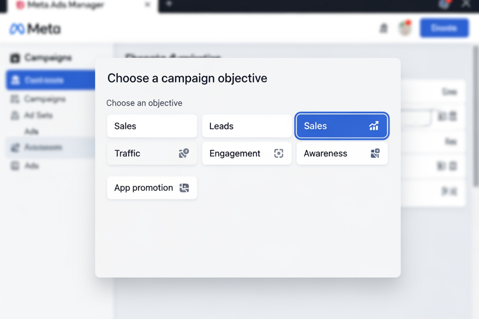 Screenshot of Meta Ads Manager campaign objective selection screen, highlighting options like Sales, Leads, and Traffic - facebook ads for shopify store