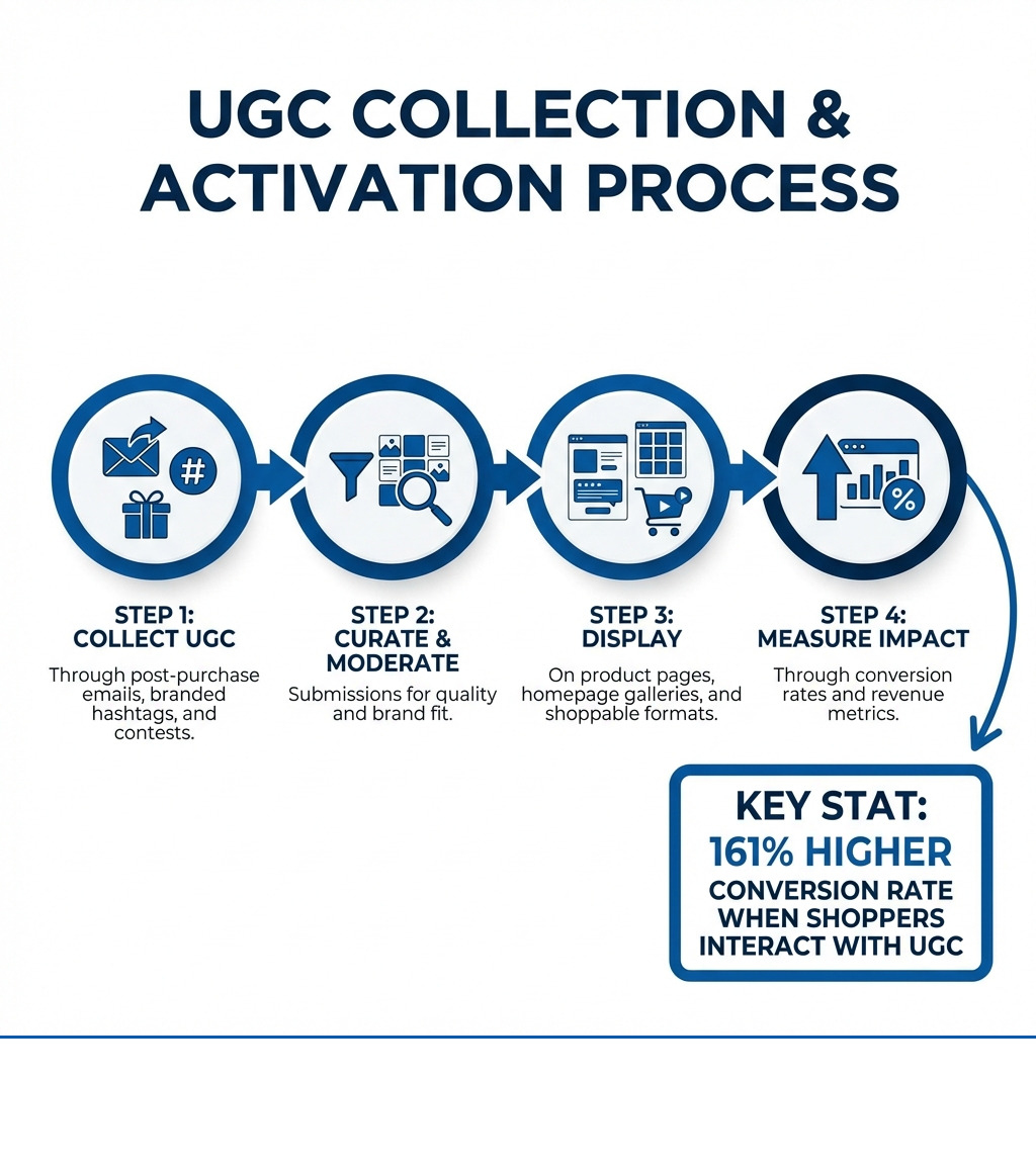 Infographic showing the UGC collection and activation process: Step 1 - Collect UGC through post-purchase emails, branded hashtags, and contests. Step 2 - Curate and moderate submissions for quality and brand fit. Step 3 - Display on product pages, homepage galleries, and shoppable formats. Step 4 - Measure impact through conversion rates and revenue metrics. Key stat: 161% higher conversion rate when shoppers interact with UGC - user generated content shopify infographic 