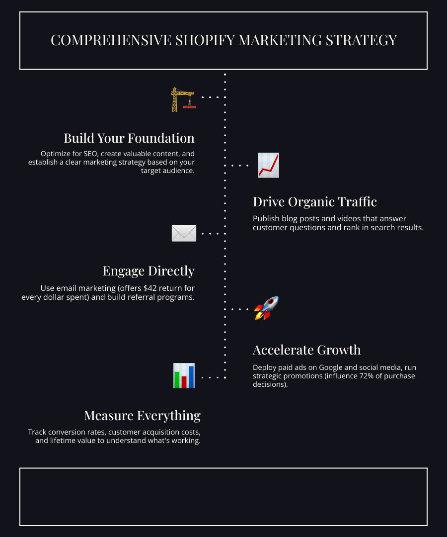 Comprehensive Shopify Marketing Strategy Framework showing the interconnected elements: Foundation (SEO, Strategy, Product-Market Fit), Traffic Generation (Content Marketing, Social Media, Video), Direct Engagement (Email Marketing with 3600% ROI, Influencer Partnerships, Referral Programs), Paid Acceleration (Google Ads, Social Media Ads, Retargeting), and Measurement (Analytics, KPIs, ROI Tracking). Each element feeds into increased traffic, higher conversions, and sustainable growth. - shopify marketing tips infographic infographic-line-5-steps-dark Comprehensive Shopify Marketing Strategy Framework showing the interconnected elements: Foundation (SEO, Strategy, Product-Market Fit), Traffic Generation (Content Marketing, Social Media, Video), Direct Engagement (Email Marketing with 3600% ROI, Influencer Partnerships, Referral Programs), Paid Acceleration (Google Ads, Social Media Ads, Retargeting), and Measurement (Analytics, KPIs, ROI Tracking). Each element feeds into increased traffic, higher conversions, and sustainable growth. - shopify marketing tips infographic infographic-line-5-steps-dark