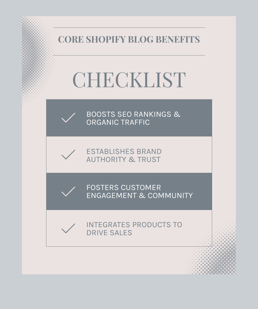 infographic showing the core benefits of using the Shopify blog feature: improved SEO rankings, organic traffic generation, lead capture, brand authority building, customer engagement through comments, and product integration - shopify blog feature infographic checklist-light-blue-grey infographic showing the core benefits of using the Shopify blog feature: improved SEO rankings, organic traffic generation, lead capture, brand authority building, customer engagement through comments, and product integration - shopify blog feature infographic checklist-light-blue-grey