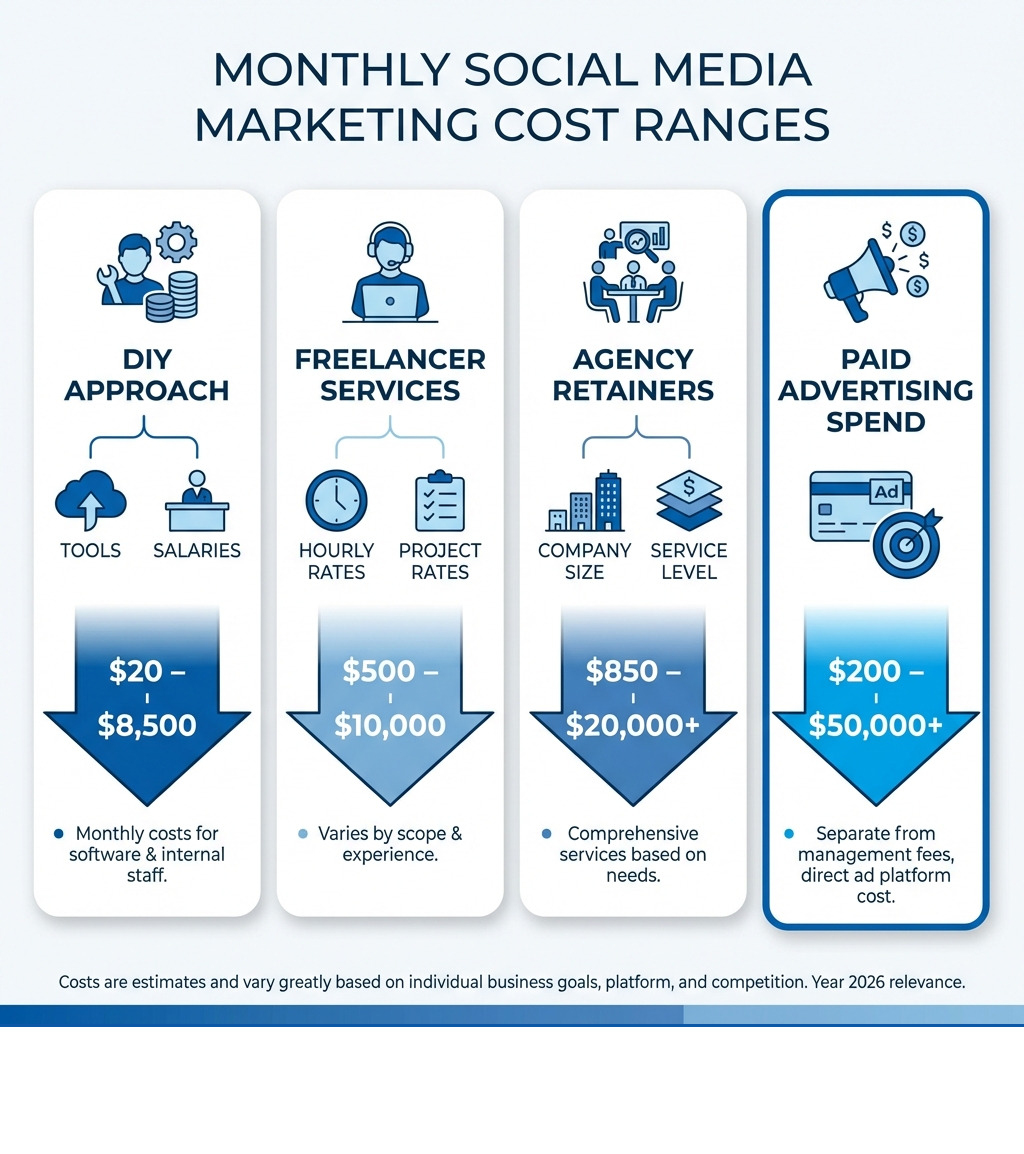 Infographic showing monthly social media marketing cost ranges: DIY approach ranging from $20-$8,500 with tools and salaries; freelancer services ranging from $500-$10,000 with hourly or project rates; agency retainers ranging from $850-$20,000+ based on company size; and paid advertising spend ranging from $200-$50,000+ separate from management fees - how much does a social media marketing campaign cost infographic 