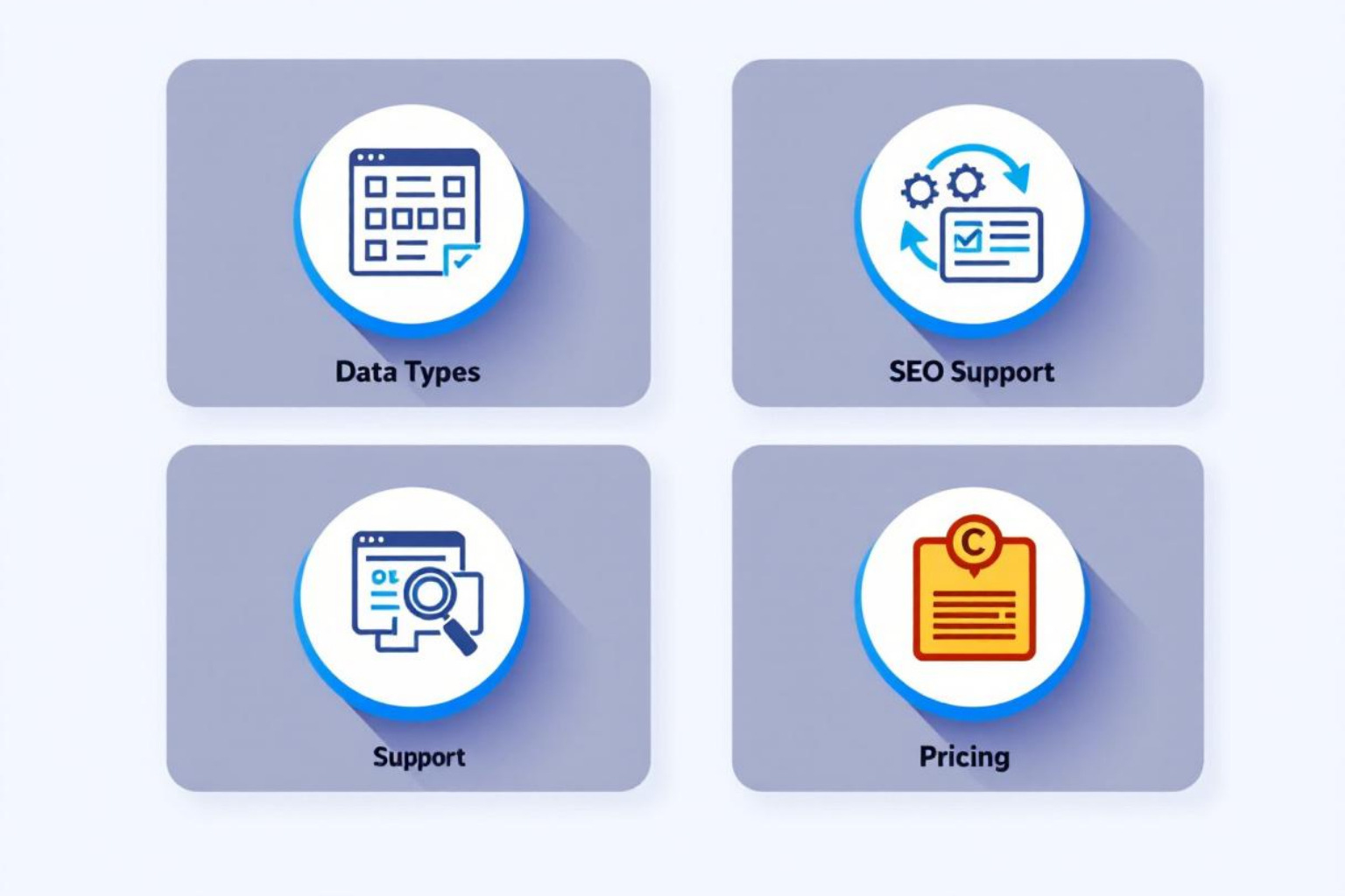 A checklist with icons for features like "Data Types," "SEO," "Support," and "Pricing" to consider when choosing a migration tool. - best shopify migration tools from other platforms