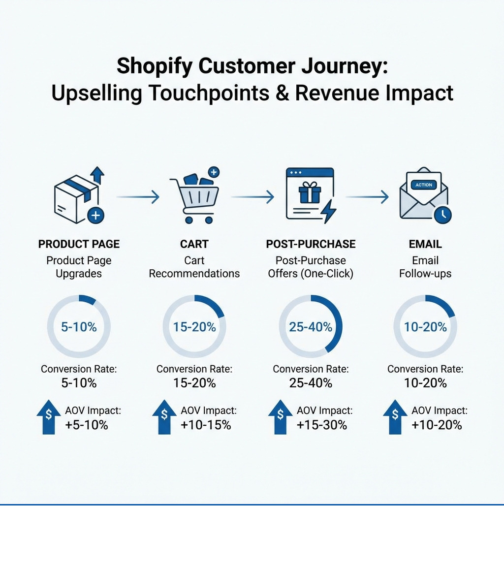 infographic showing the customer journey with upselling touchpoints: product page upgrades, cart recommendations, post-purchase offers, and email follow-ups, with conversion rates and AOV impact at each stage - upselling shopify infographic infographic showing the customer journey with upselling touchpoints: product page upgrades, cart recommendations, post-purchase offers, and email follow-ups, with conversion rates and AOV impact at each stage - upselling shopify infographic