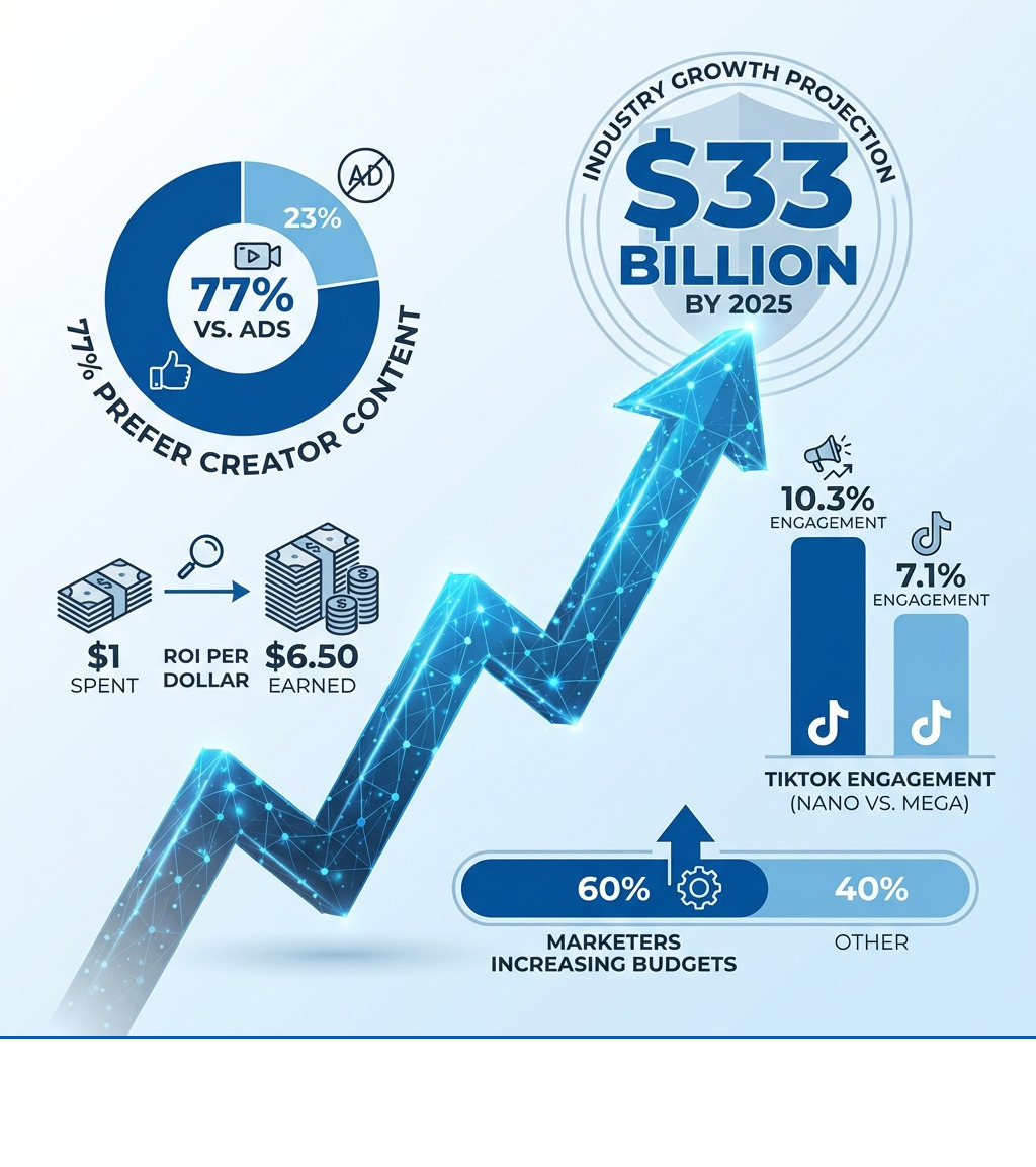 Infographic showing influencer marketing industry growth projecting $33 billion by 2025, with key statistics: 77% prefer creator content over ads, brands earn $6.50 per $1 spent, nano-influencers achieve 10.3% engagement on TikTok versus 7.1% for mega-influencers, and 60% of marketers planning to increase budgets - Shopify Influencer Marketing infographic 