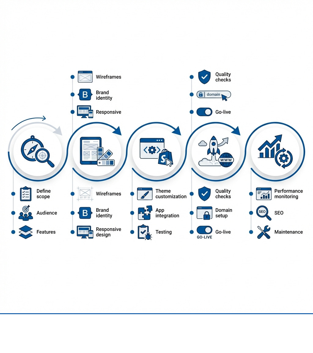 Infographic showing the Shopify website development process: Strategy and Planning (define scope, audience, features), UX/UI Design (wireframes, brand identity, responsive design), Technical Build (theme customization, app integration, testing), Launch (quality checks, domain setup, go-live), and Ongoing Optimization (performance monitoring, SEO, maintenance) - Shopify website development infographic 