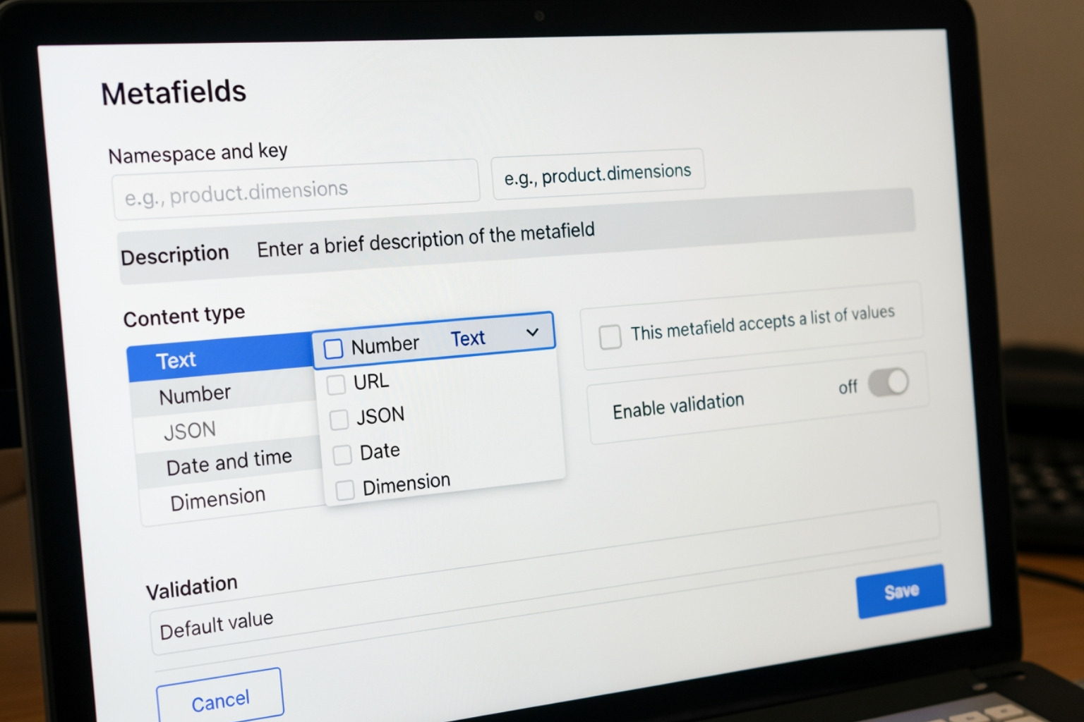 Shopify admin interface for creating a metafield - shopify data