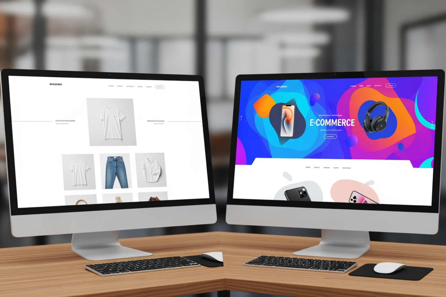 A minimalist Shopify store layout contrasted with a bold, colorful one - shopify store design tips