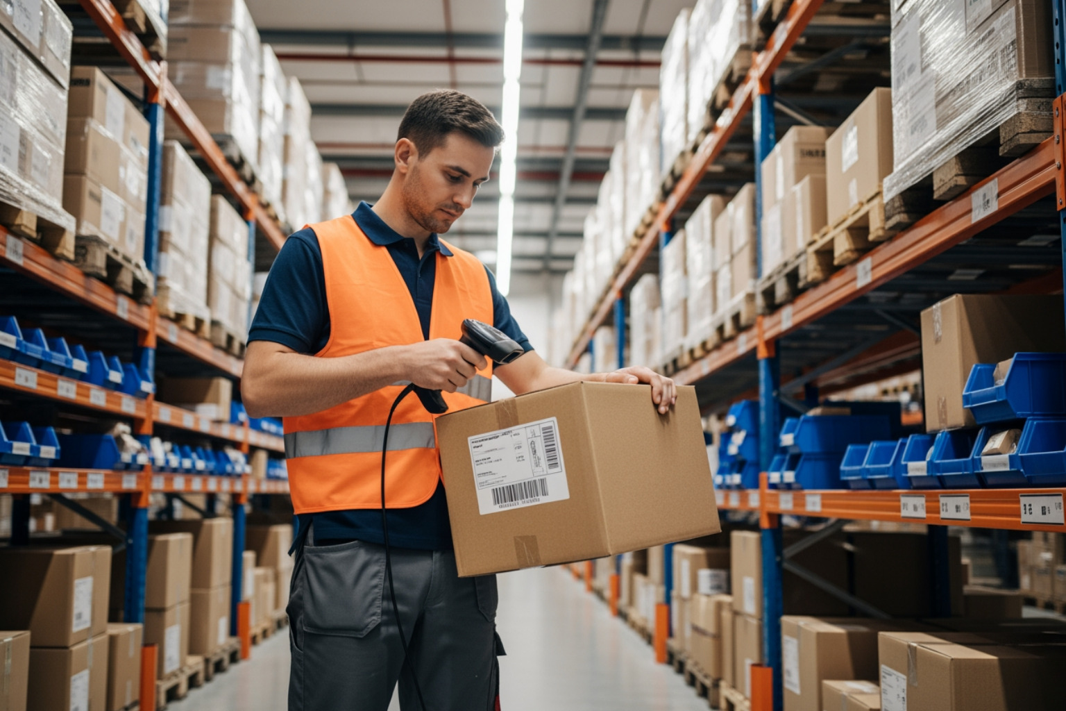 Warehouse worker scanning a package for shipping, illustrating attention to detail and efficient logistics. - ecommerce kpis