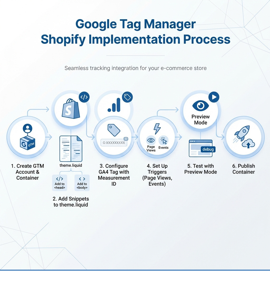 Infographic showing the Google Tag Manager Shopify implementation process: 1) Create GTM account and container, 2) Add code snippets to theme.liquid file (head and body sections), 3) Configure GA4 tag with Measurement ID, 4) Set up triggers for page views and events, 5) Test with Preview Mode, 6) Publish container - google tag manager shopify infographic 