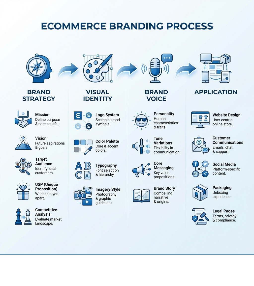 Infographic showing the complete ecommerce branding process: Brand Strategy (mission, vision, target audience, USP, competitive analysis), Visual Identity (logo system, color palette, typography, imagery style), Brand Voice (personality, tone variations, core messaging, brand story), and Application (website design, customer communications, social media, packaging, legal pages) - ecommerce branding checklist infographic 