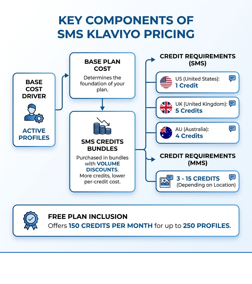 Infographic showing the key components of SMS Klaviyo pricing: Active profiles drive base plan cost, SMS credits purchased in bundles with volume discounts, credit requirements vary by country (US 1 credit, UK 5 credits, Australia 4 credits), MMS requires 3-15 credits depending on location, and free plan offers 150 credits per month for up to 250 profiles - sms klaviyo pricing infographic 