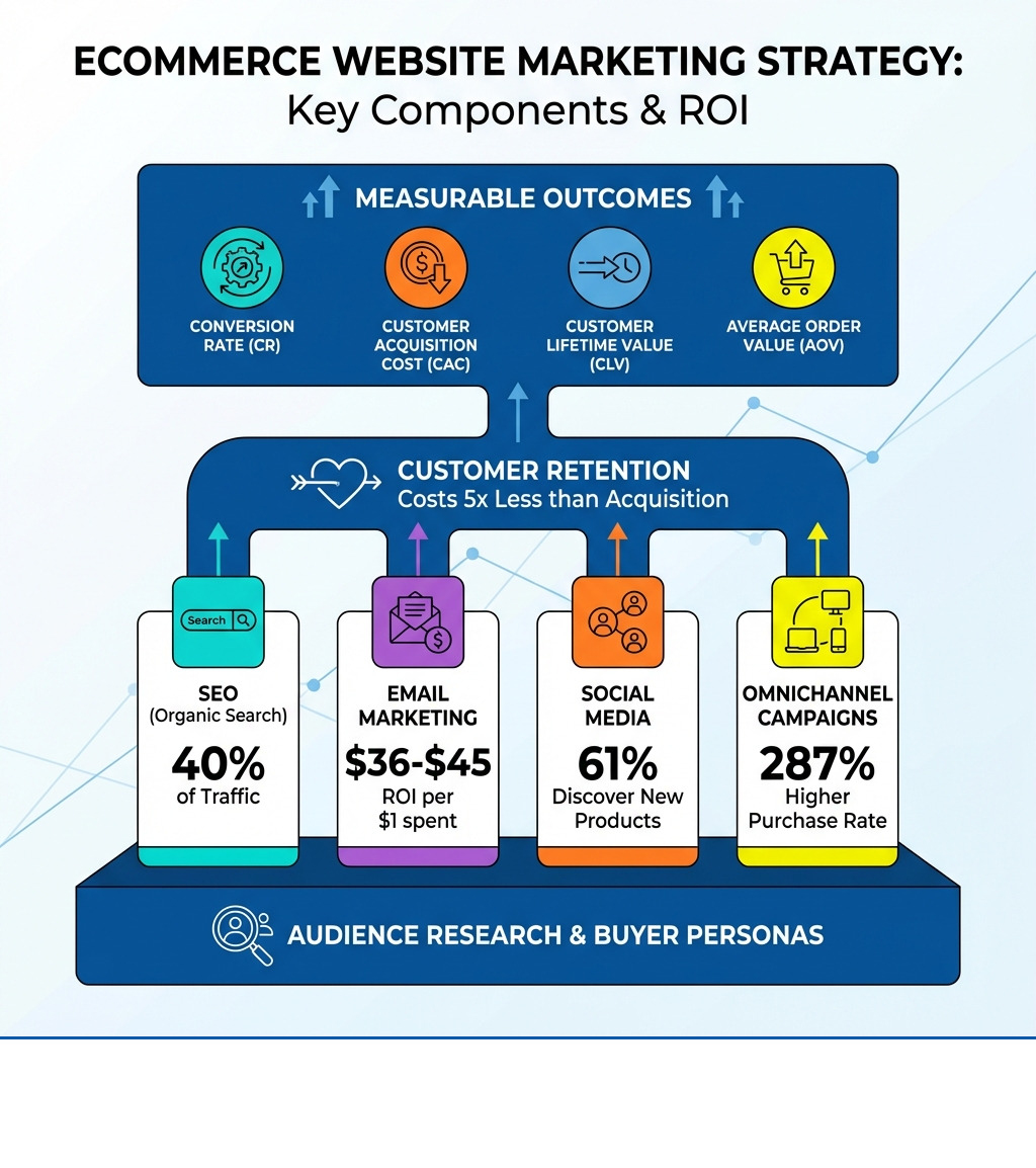 Infographic showing the key components of an ecommerce website marketing strategy: audience research and buyer personas at the foundation, followed by channels including SEO generating 40% of traffic, email marketing with $36-$45 ROI per dollar spent, social media where 61% discover new products, omnichannel campaigns producing 287% higher purchase rates, and customer retention costing 5x less than acquisition—all feeding into measurable outcomes of conversion rate, customer acquisition cost, customer lifetime value, and average order value - ecommerce website marketing strategy infographic 