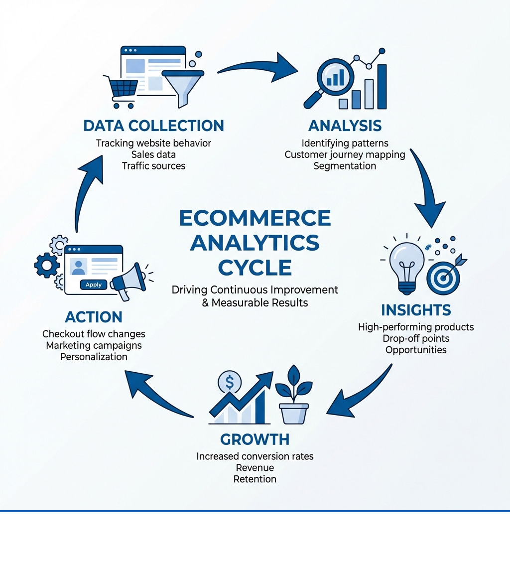 Infographic showing the ecommerce analytics cycle: Data Collection feeds into Analysis, which produces Insights that drive Action, leading to measurable Growth. Each stage includes examples: tracking website behavior and sales data, identifying patterns in customer journeys, finding high-performing products and drop-off points, changing checkout flow and marketing campaigns, and measuring increased conversion rates and revenue. - ecommerce analytics infographic 