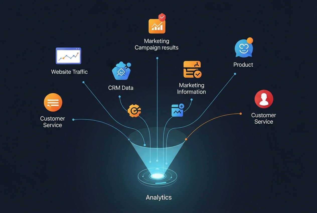 A detailed diagram illustrating various data sources funneling into an ecommerce analytics platform. Sources include website traffic, CRM, marketing campaigns, product databases, and customer service logs, all feeding into a central analysis hub. - ecommerce analytics