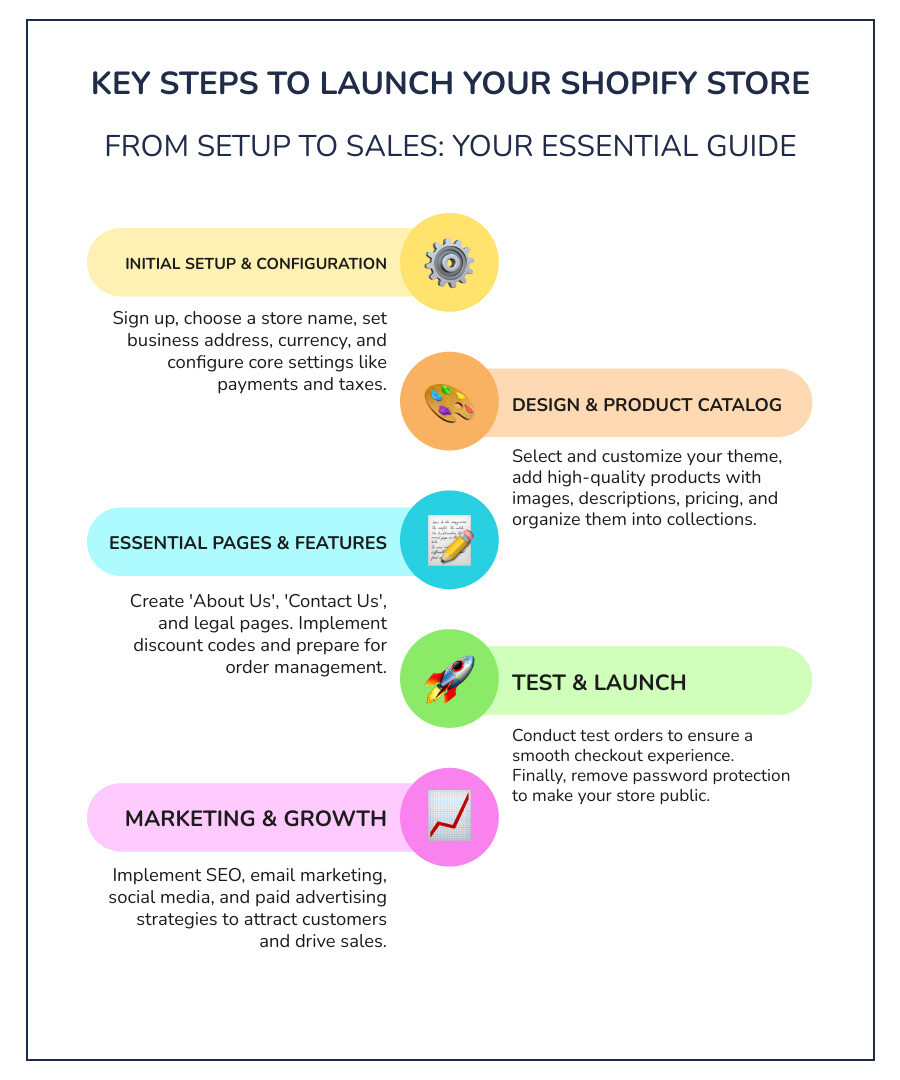 10-step process showing Shopify store launch workflow: sign up and setup, choose theme, configure payments and shipping, add products, create collections, build essential pages, set up checkout, test orders, launch store, and implement marketing strategies - shopify guide infographic infographic-line-5-steps-colors