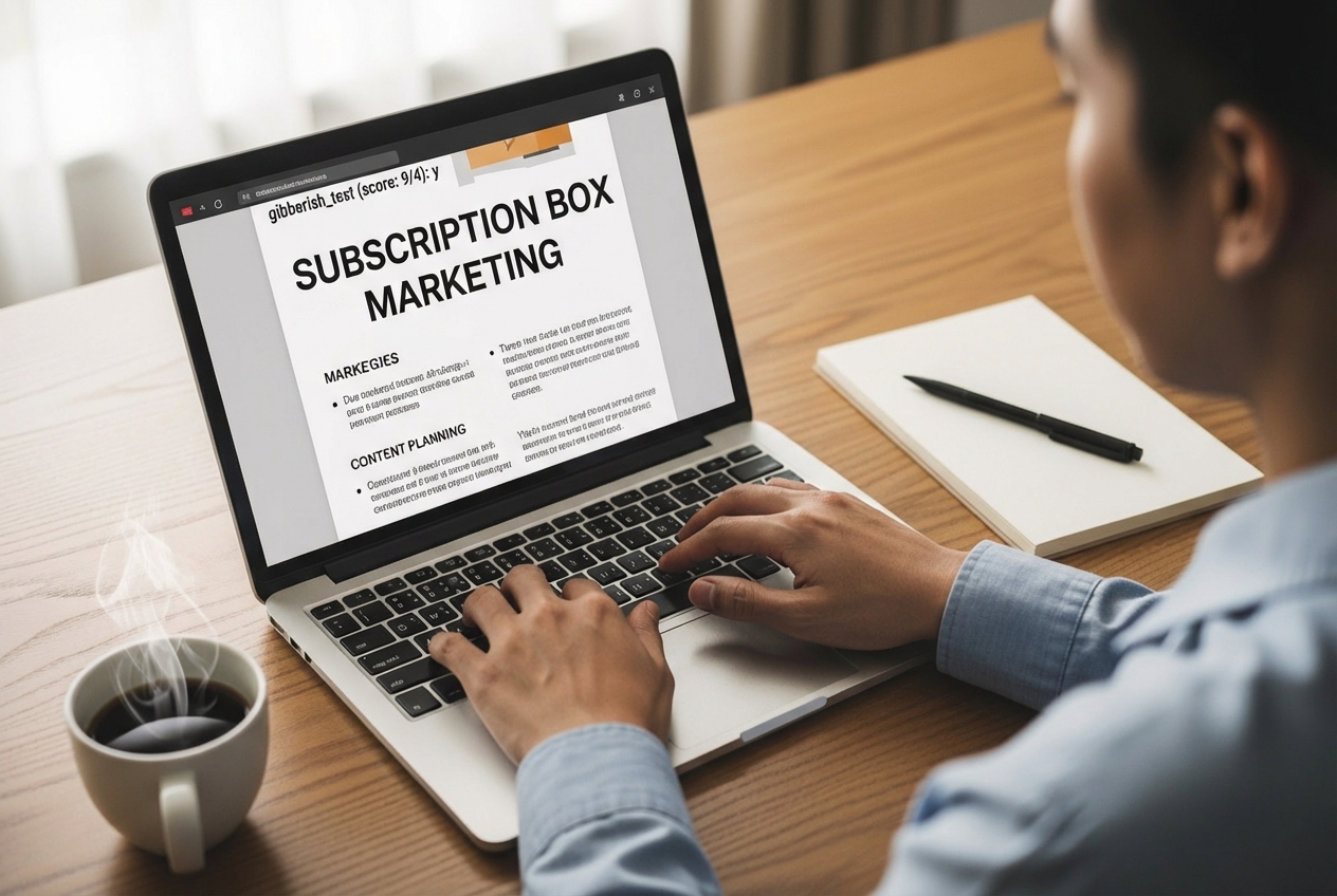 A person typing on a laptop with "Subscription Box Marketing" on the screen, surrounded by relevant content marketing elements like a notepad and pen. - Subscription box marketing