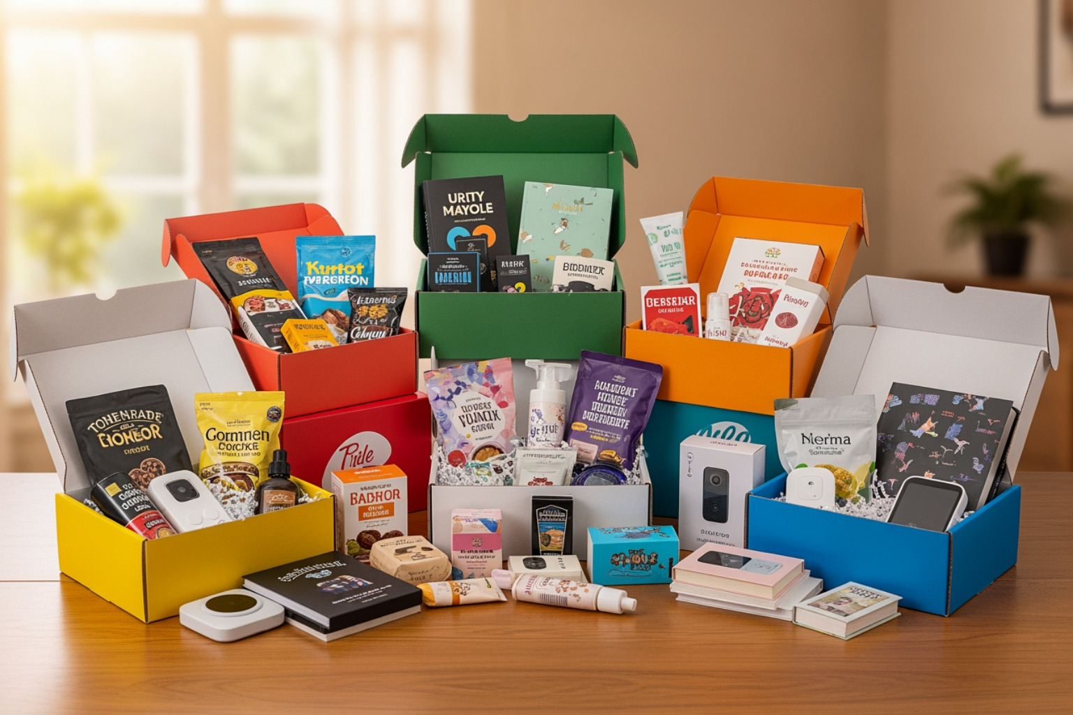 A tablet displaying an email marketing campaign, surrounded by various subscription box products. - Subscription box marketing