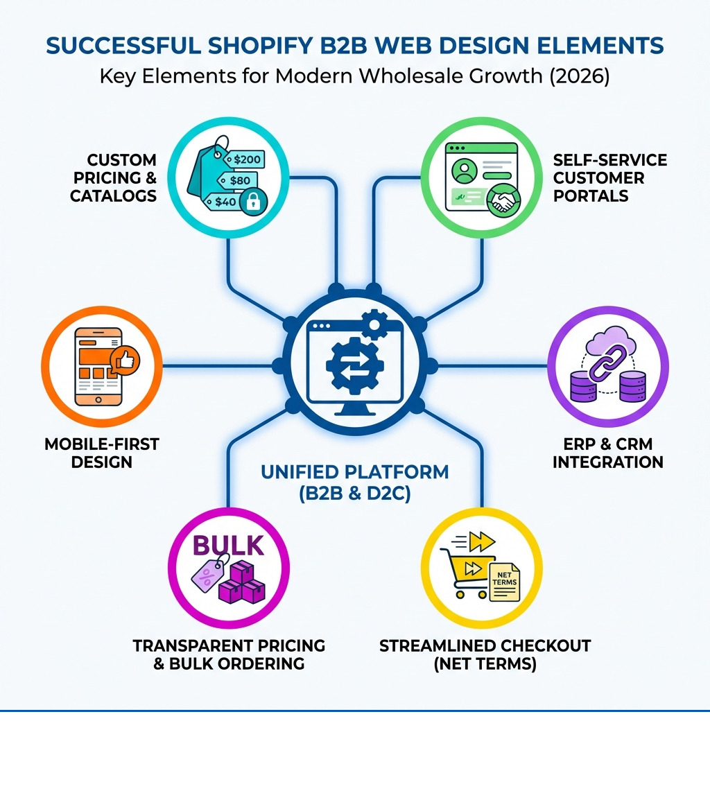 Infographic showing key elements of successful Shopify B2B web design: unified platform for B2B and D2C, custom pricing and catalogs, self-service customer portals, mobile-first design, ERP and CRM integration, transparent pricing and bulk ordering, and streamlined checkout with net payment terms - Shopify B2B web design infographic 