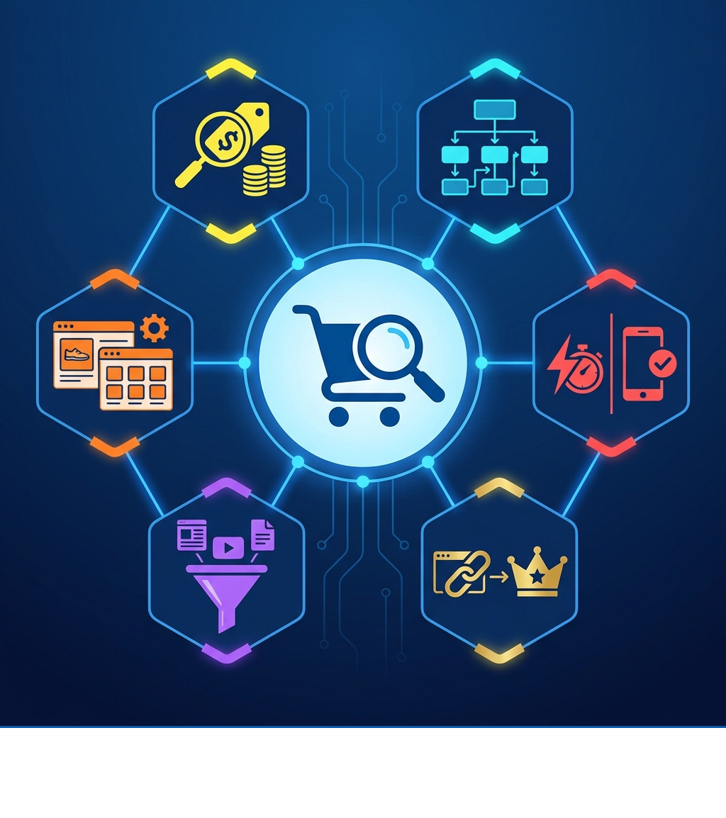 Infographic showing the core pillars of e-commerce SEO: keyword research with commercial intent, logical site architecture, on-page optimization of product and category pages, technical health factors like speed and mobile-friendliness, content marketing for different funnel stages, and building high-quality backlinks from authoritative sites - E-commerce SEO best practices infographic Infographic showing the core pillars of e-commerce SEO: keyword research with commercial intent, logical site architecture, on-page optimization of product and category pages, technical health factors like speed and mobile-friendliness, content marketing for different funnel stages, and building high-quality backlinks from authoritative sites - E-commerce SEO best practices infographic