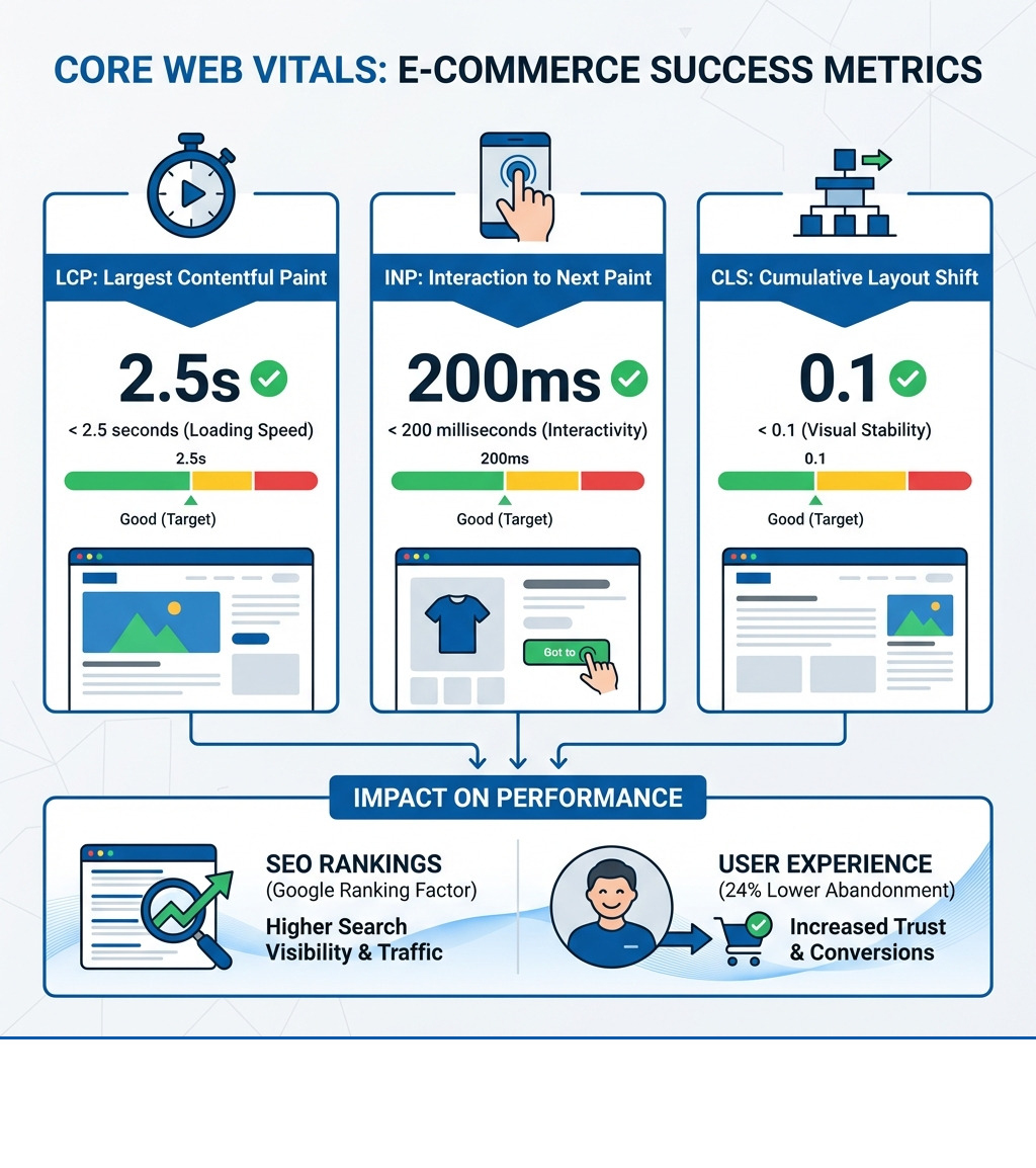 infographic showing the three Core Web Vitals metrics with their target thresholds: LCP under 2.5 seconds for loading speed, INP under 200 milliseconds for interactivity, and CLS under 0.1 for visual stability, along with their impact on SEO rankings and user experience - shopify core web vitals infographic 