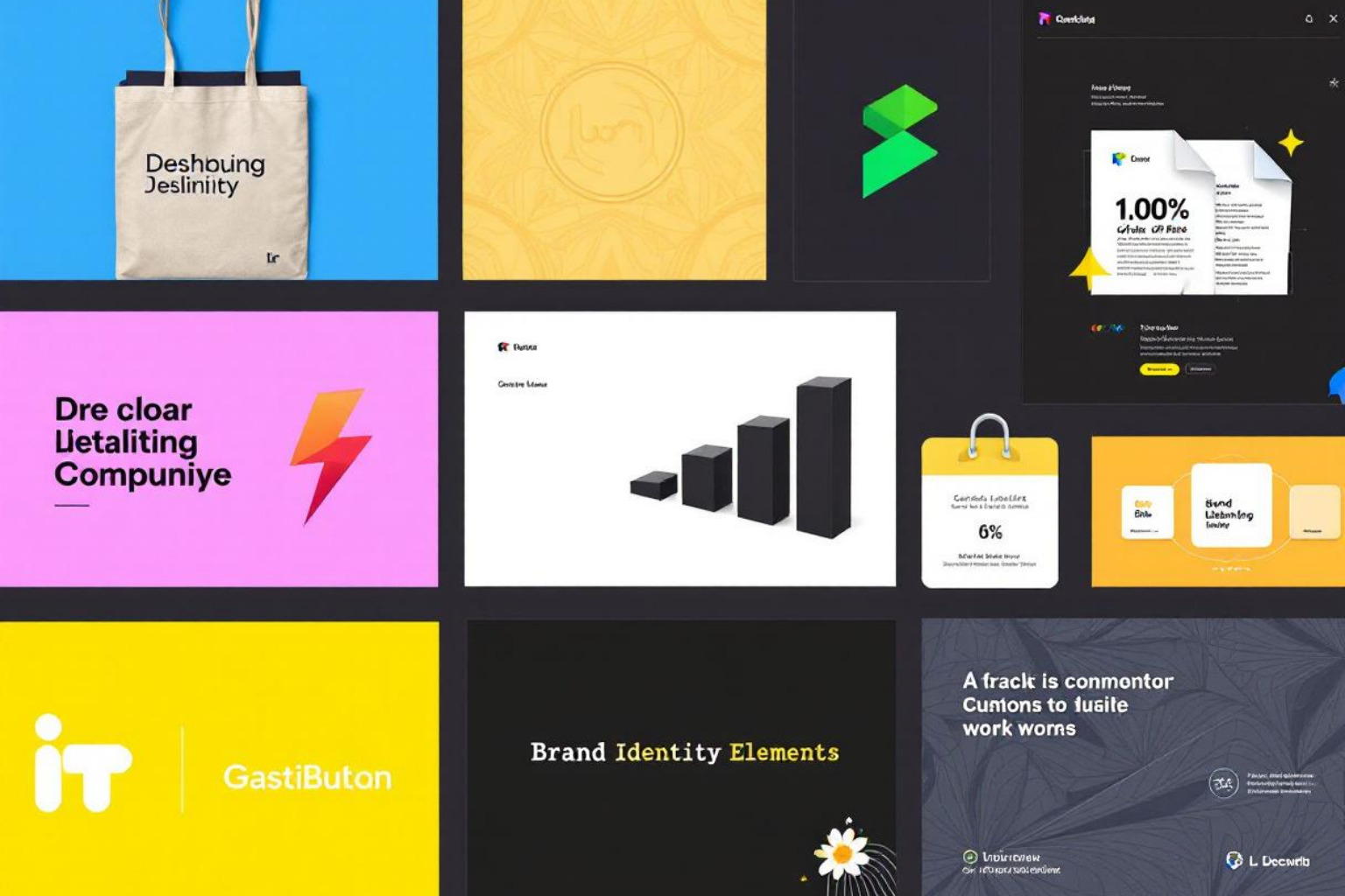 A mood board showing various brand identity elements like logos, color swatches, and font examples - brand identity elements