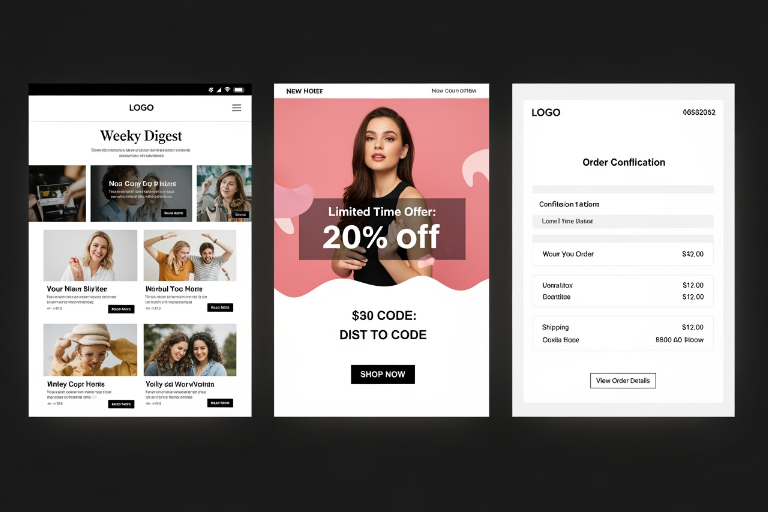 showing snippets of a newsletter, a promotional email, and a transactional email - email marketing content writer