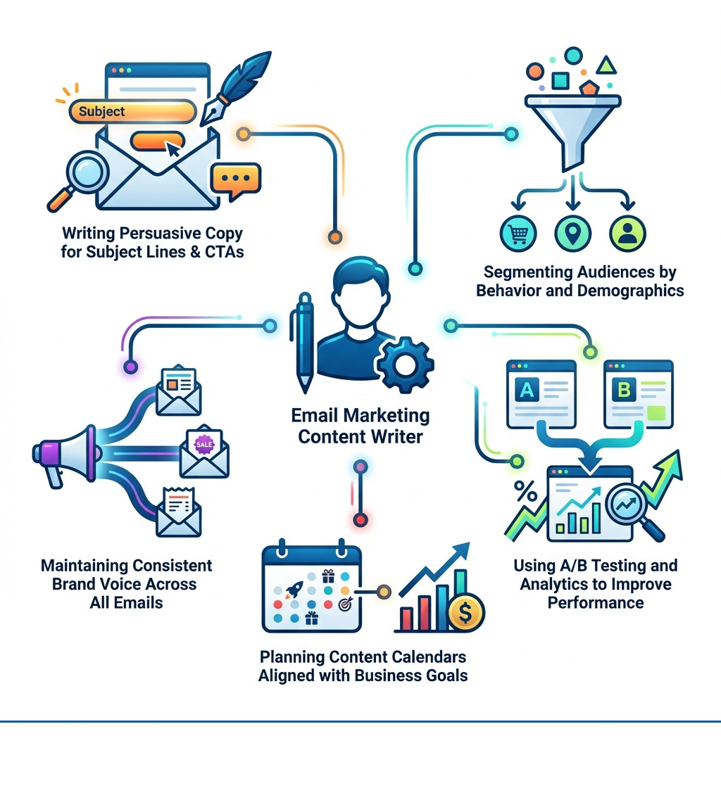 Infographic showing the key responsibilities of an email marketing content writer: writing persuasive copy for subject lines and CTAs, segmenting audiences by behavior and demographics, using A/B testing and analytics to improve performance, maintaining consistent brand voice across all emails, and planning content calendars aligned with business goals - email marketing content writer infographic 