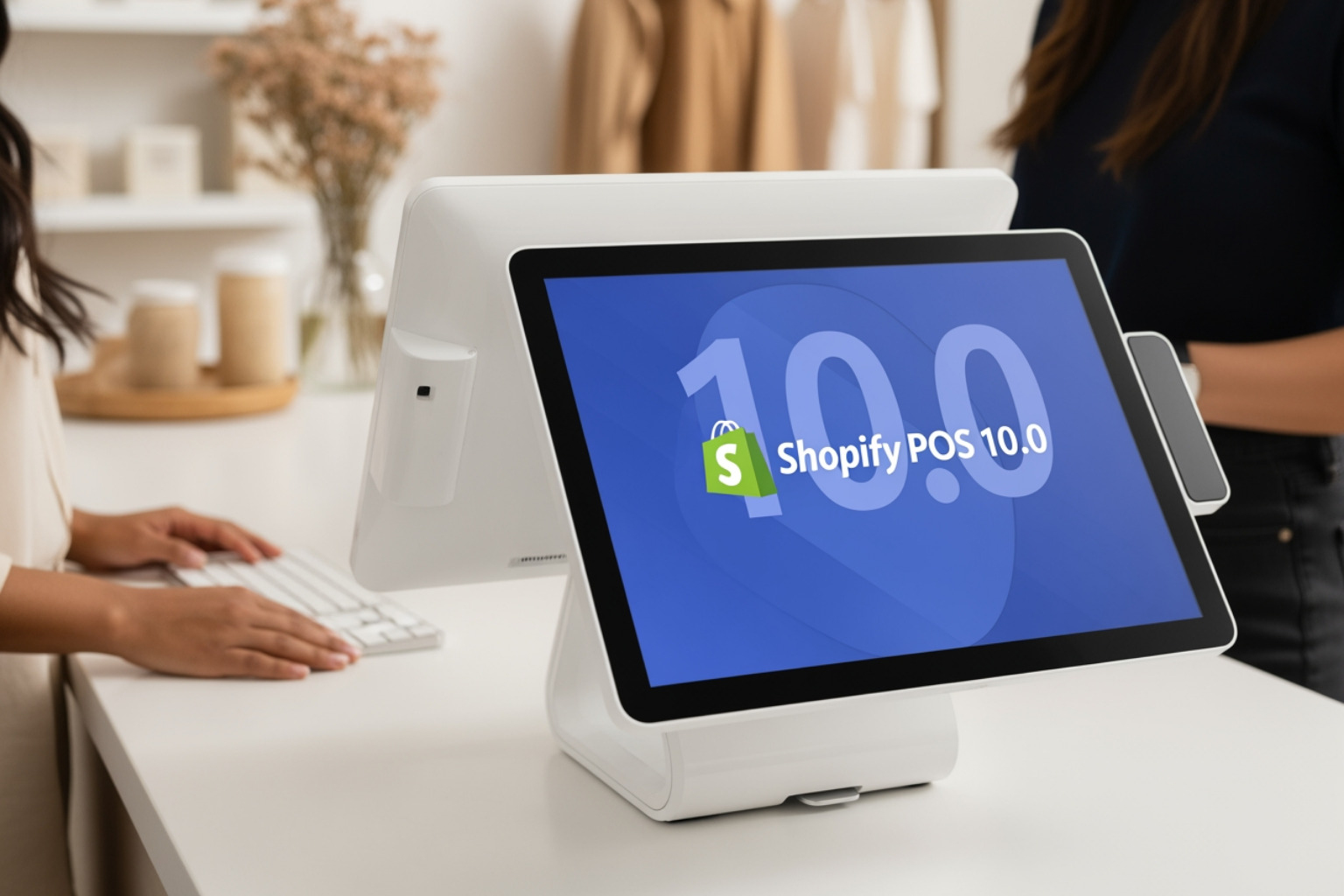 A customized Shopify POS Terminal in a boutique setting, featuring a customer-facing screen with brand-specific primary and accent colors, a background video showing a brand lookbook, and a clear 'Thank You' screen after a transaction - shopify POS 10.0