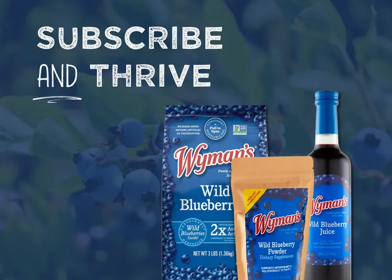 A bottle of blueberries next to a bag of blueberries