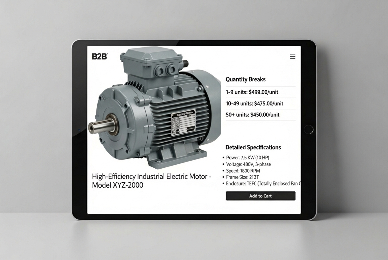 B2B product page on a tablet, showing quantity breaks and detailed specifications - Shopify B2B web design