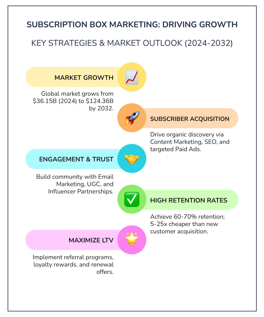 Infographic showing subscription box market growth from $36.15 billion in 2024 to projected $124.36 billion by 2032, with key marketing channels including content marketing, paid advertising, email marketing, influencer partnerships, and retention programs. Also displays average retention rates of 60-70% and the 5-25x cost difference between retention and acquisition. - Subscription box marketing infographic infographic-line-5-steps-colors Infographic showing subscription box market growth from $36.15 billion in 2024 to projected $124.36 billion by 2032, with key marketing channels including content marketing, paid advertising, email marketing, influencer partnerships, and retention programs. Also displays average retention rates of 60-70% and the 5-25x cost difference between retention and acquisition. - Subscription box marketing infographic infographic-line-5-steps-colors