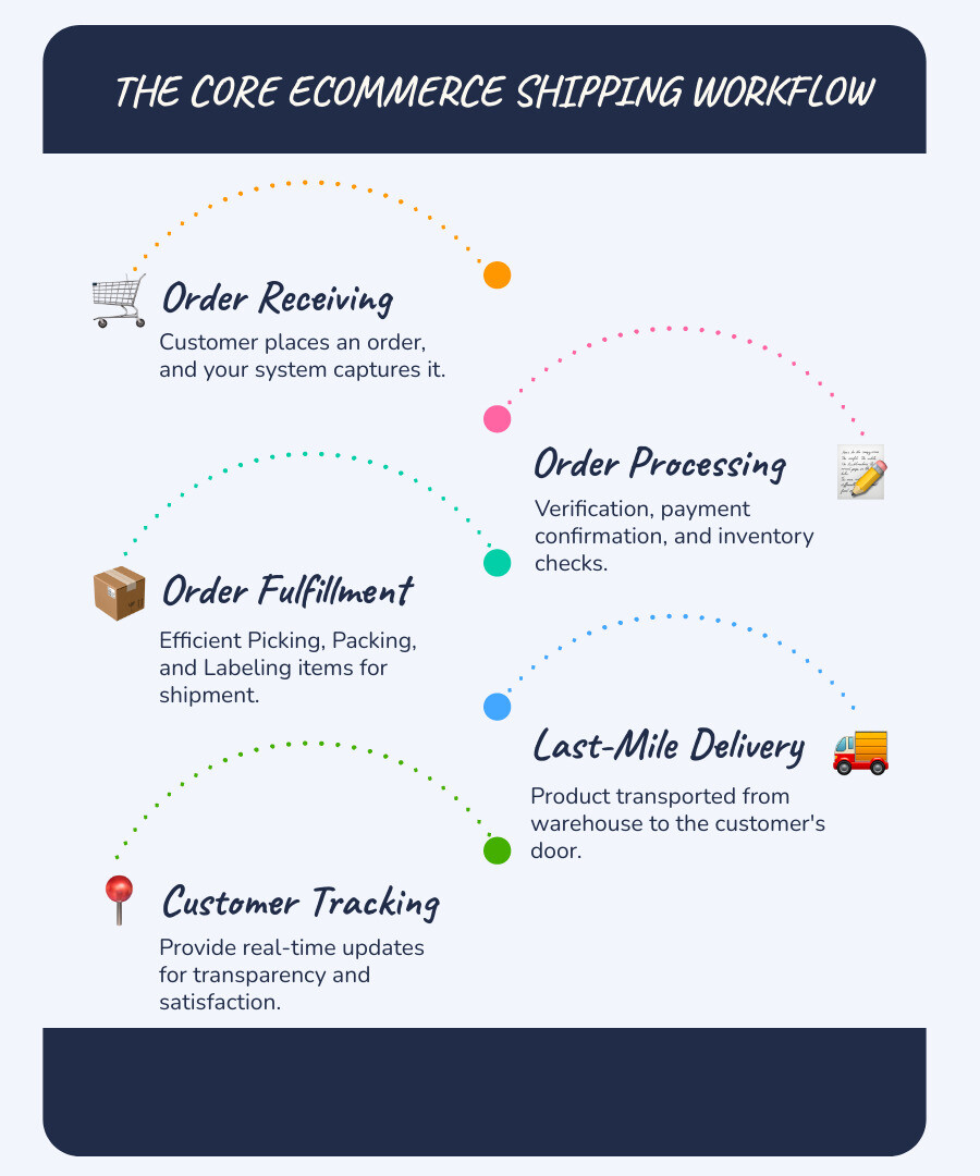 Infographic showing the ecommerce shipping workflow: order receiving flows to order processing, then to order fulfillment (picking, packing, labeling), and finally to last-mile delivery with customer tracking. Includes key statistics: 48% cart abandonment due to shipping costs, 42% expect two-day shipping, 74% value real-time tracking, and 85% won't reorder after a poor delivery experience. - Ecommerce Shipping & Operations infographic infographic-line-5-steps-blues-accent_colors Infographic showing the ecommerce shipping workflow: order receiving flows to order processing, then to order fulfillment (picking, packing, labeling), and finally to last-mile delivery with customer tracking. Includes key statistics: 48% cart abandonment due to shipping costs, 42% expect two-day shipping, 74% value real-time tracking, and 85% won't reorder after a poor delivery experience. - Ecommerce Shipping & Operations infographic infographic-line-5-steps-blues-accent_colors