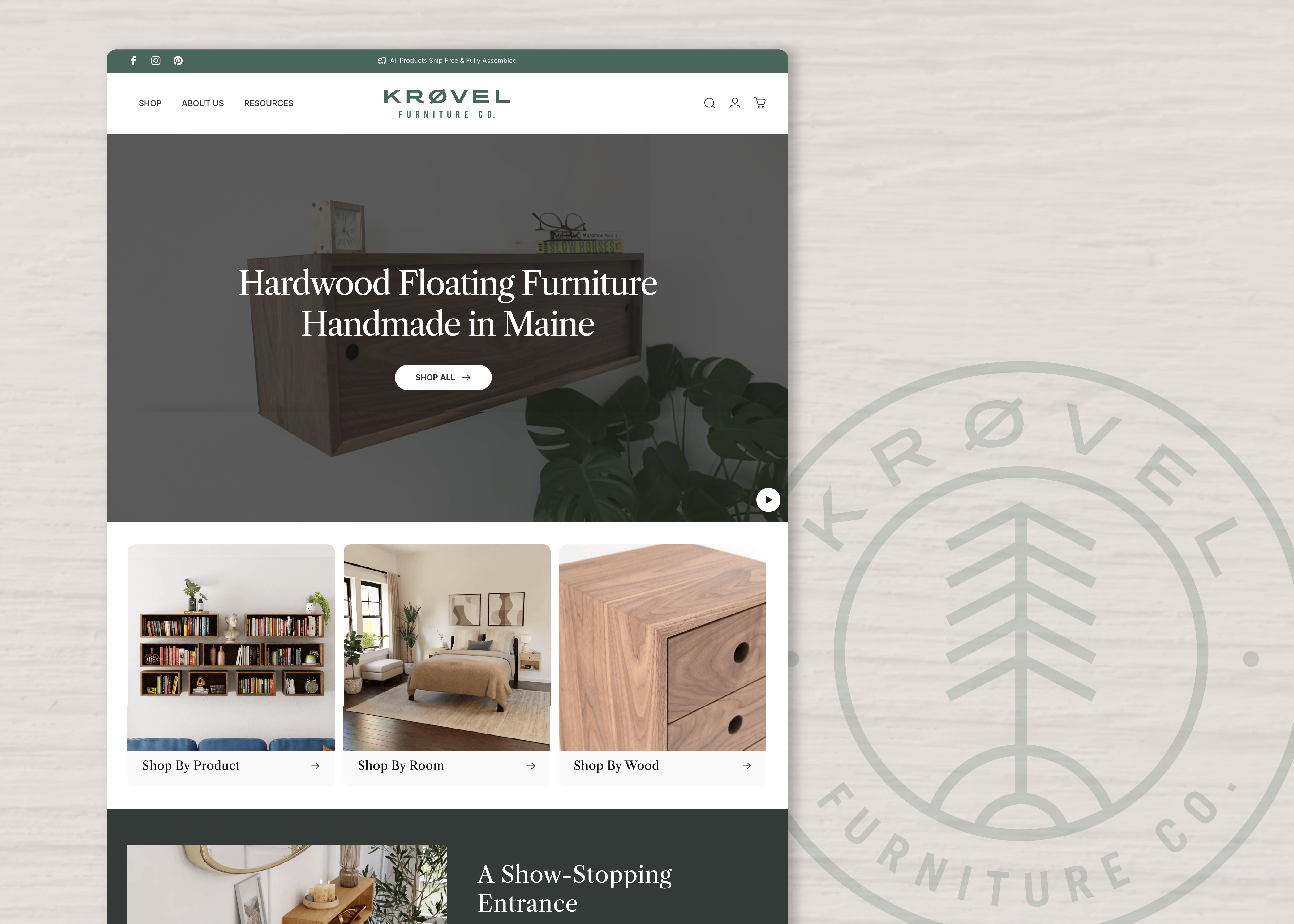 Screenshots of Krovel Furniture Co.'s website filtering and PDP.