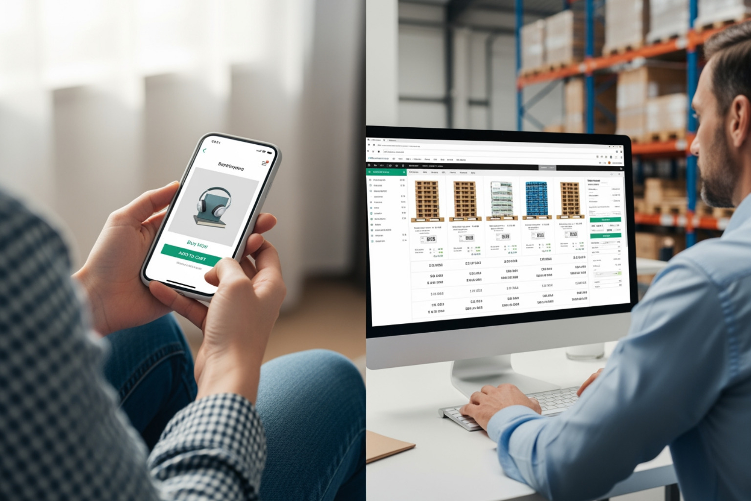 A split-screen image illustrating the difference between B2C and B2B purchasing: on one side, a person buys a single item on a mobile phone; on the other, a business buyer orders multiple pallets of products on a desktop computer, highlighting the scale and complexity of B2B transactions - Shopify B2B & Wholesale