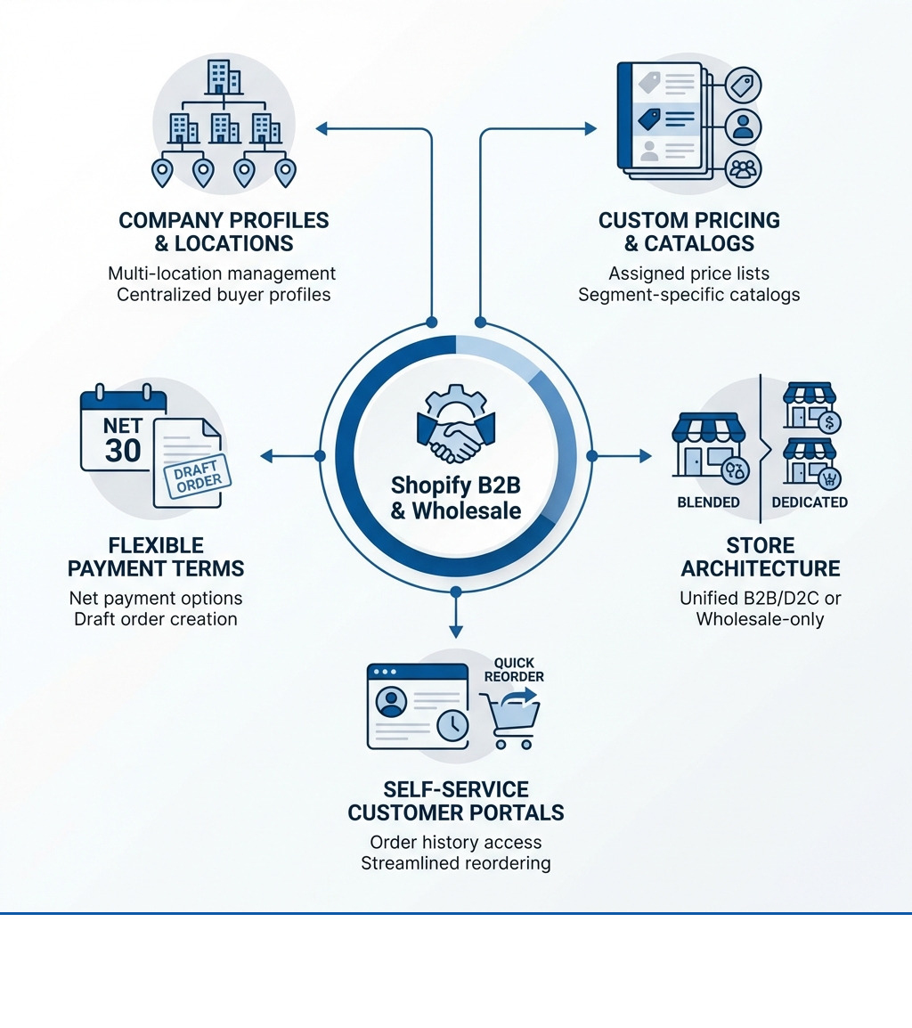 Detailed infographic showing the key components of Shopify B2B & Wholesale: company profiles with multiple locations, custom price lists and catalogs assigned to specific buyers, flexible payment terms including net 30 and draft orders, blended vs dedicated store architecture, and self-service customer portals with order history and quick reorder functionality - Shopify B2B & Wholesale infographic 
