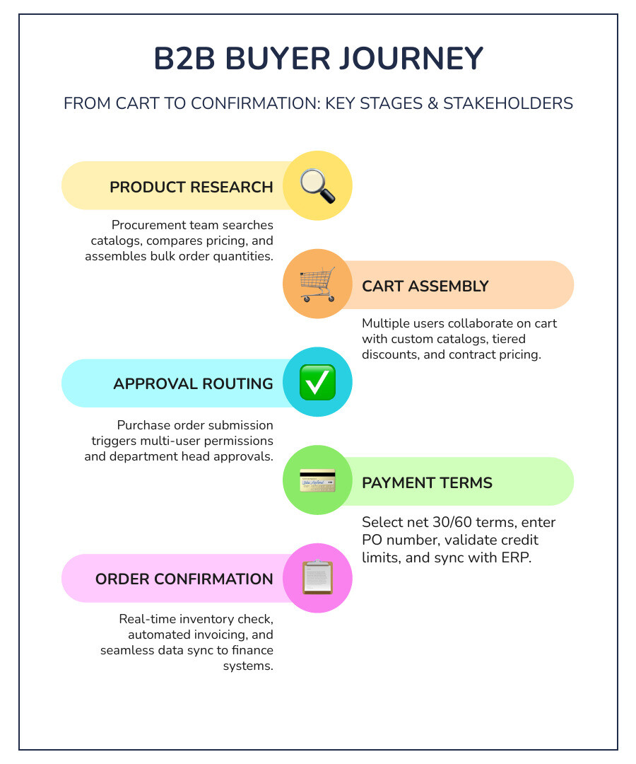 Infographic showing the B2B buyer journey from product research through cart assembly, approval routing, purchase order submission, payment terms selection, and order confirmation, with key decision points and stakeholder touchpoints at each stage - B2B checkout process infographic infographic-line-5-steps-colors Infographic showing the B2B buyer journey from product research through cart assembly, approval routing, purchase order submission, payment terms selection, and order confirmation, with key decision points and stakeholder touchpoints at each stage - B2B checkout process infographic infographic-line-5-steps-colors