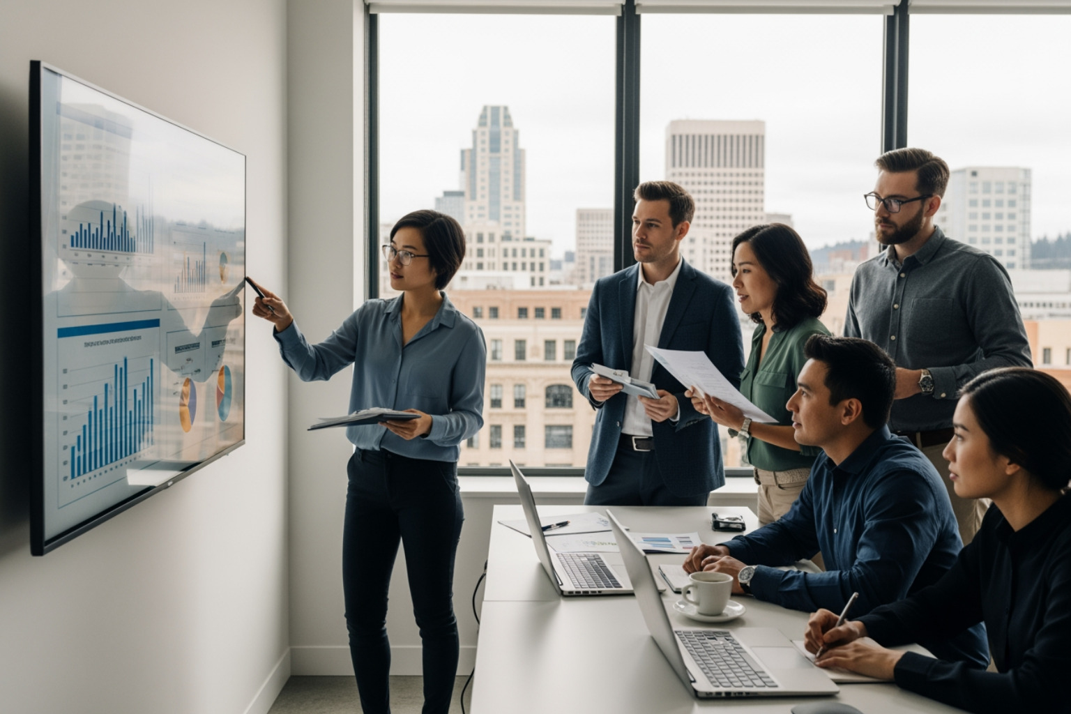 A team in a Portland office analyzing customer data on a large monitor to plan a retail strategy - online retail strategy